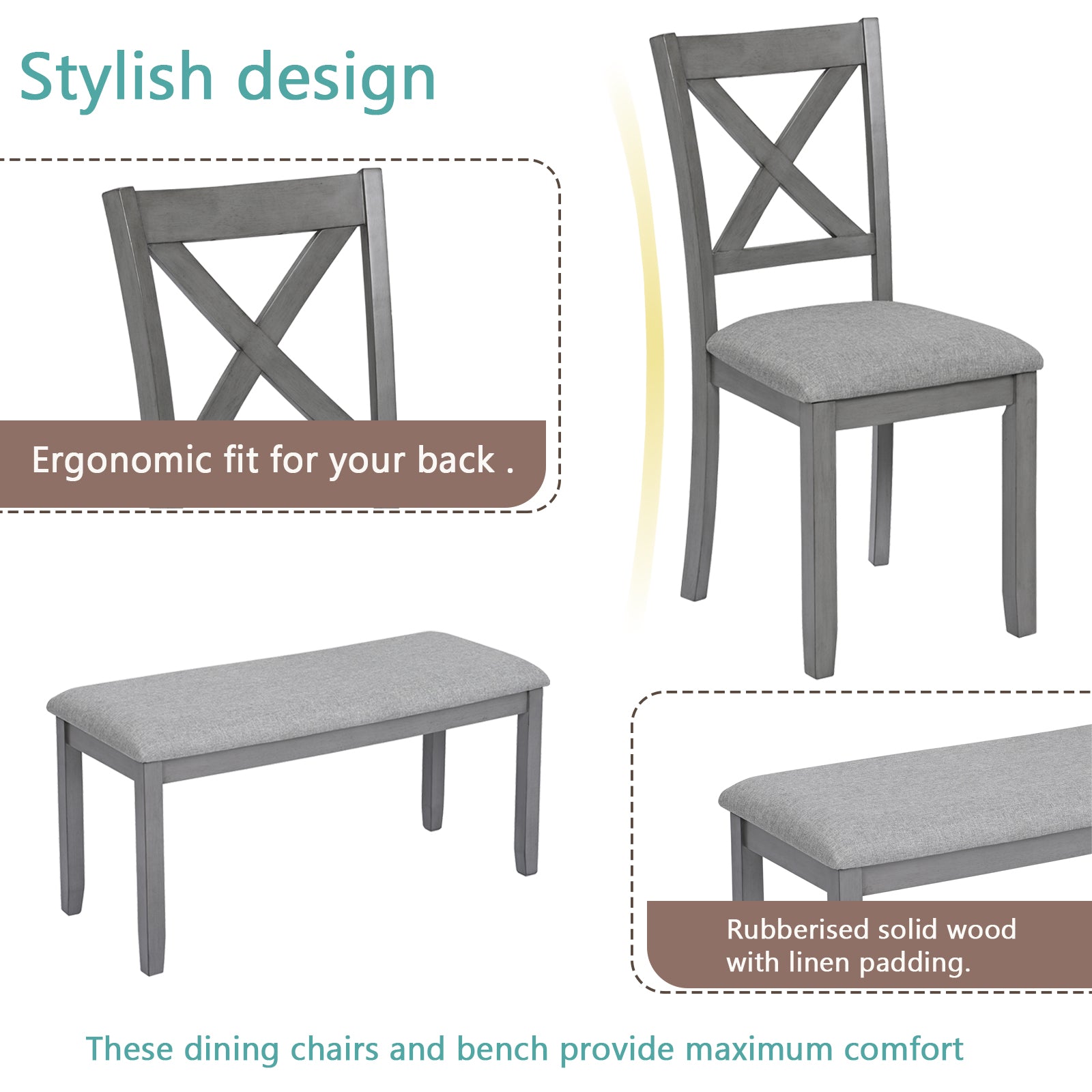 6 Piece Kitchen Dining Set, Rectangular Wooden Dining Table With 4 Upholstered Chairs And A Bench, Dining Table Set For 6 People, Living Room, Home Bar And Kitchen, Gray Wood Gray Seats 6 Wood Dining Room Acacia 4 Leg Rectangular Dining Table With Chair