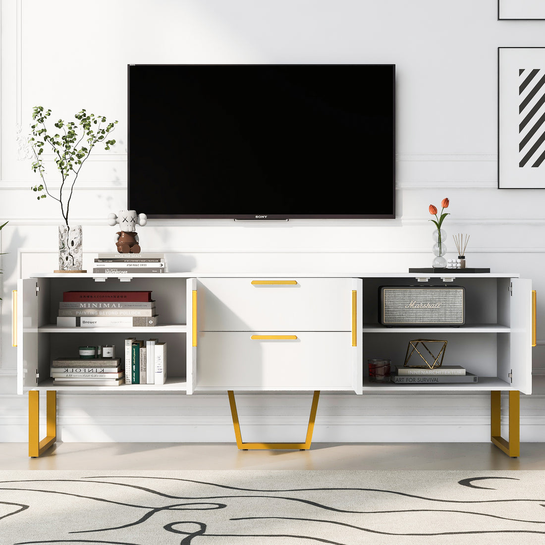 Modern Tv Stand For Tvs Up To 75 Inches, Storage Cabinet With Drawers And Cabinets, Wood Tv Console Table With Metal Legs And Handles For Living Room, White White Mdf