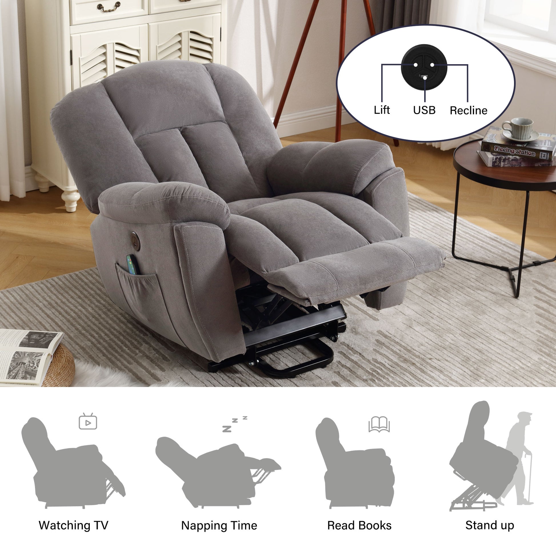 Power Lift Recliner Chair Recliners For Elderly With Heat And Massage Recliner Chair For Living Room With Infinite Position And Side Pocket,Usb Charge Port Grey Grey Soft Heavy Duty Cotton Wood Metal