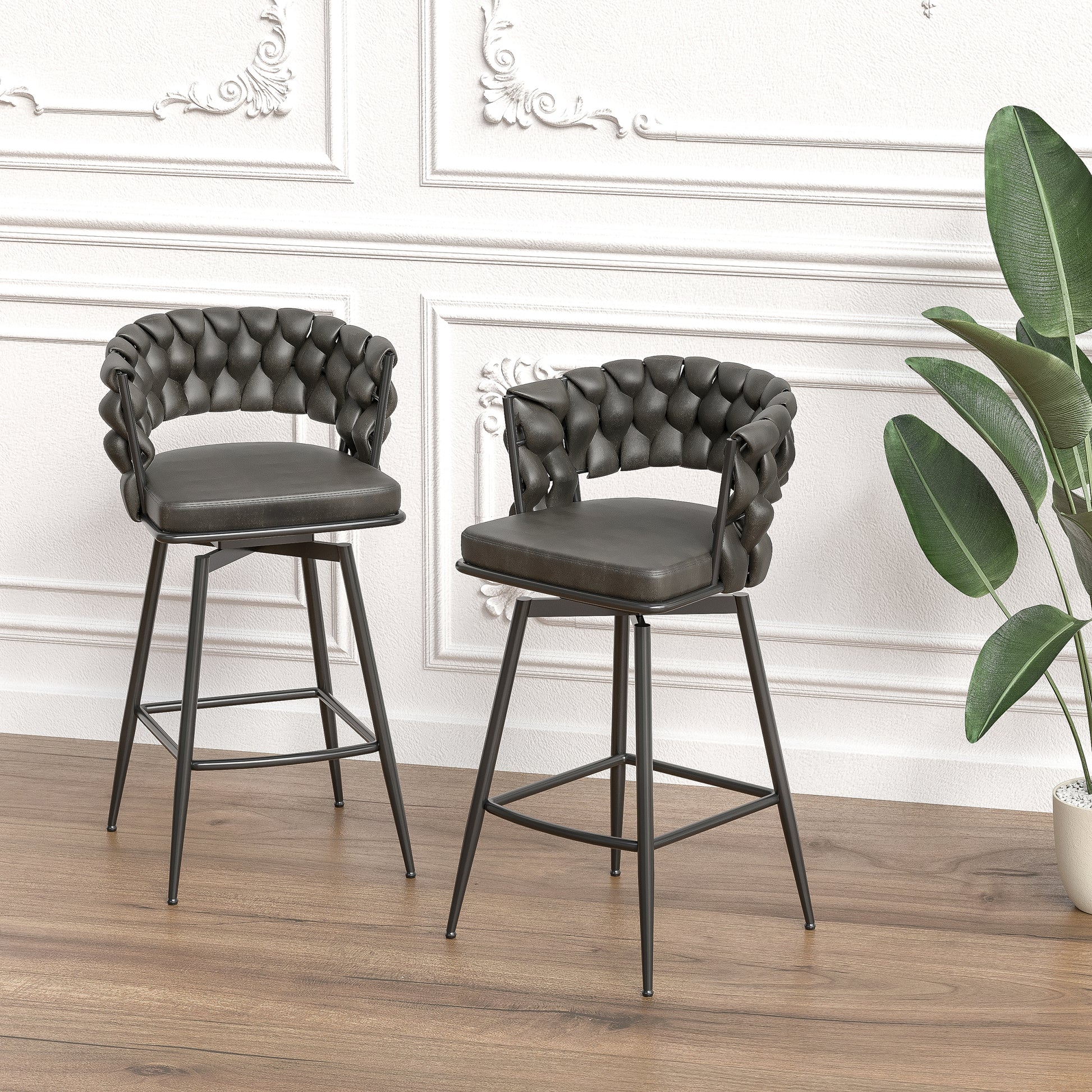 Technical Leather Woven Bar Stool Set Of 2,Black Legs Barstools No Adjustable Kitchen Island Chairs,360 Swivel Bar Stools Upholstered Counter Stool Arm Chairs With Back Footrest, Tan Tan Technical Leather