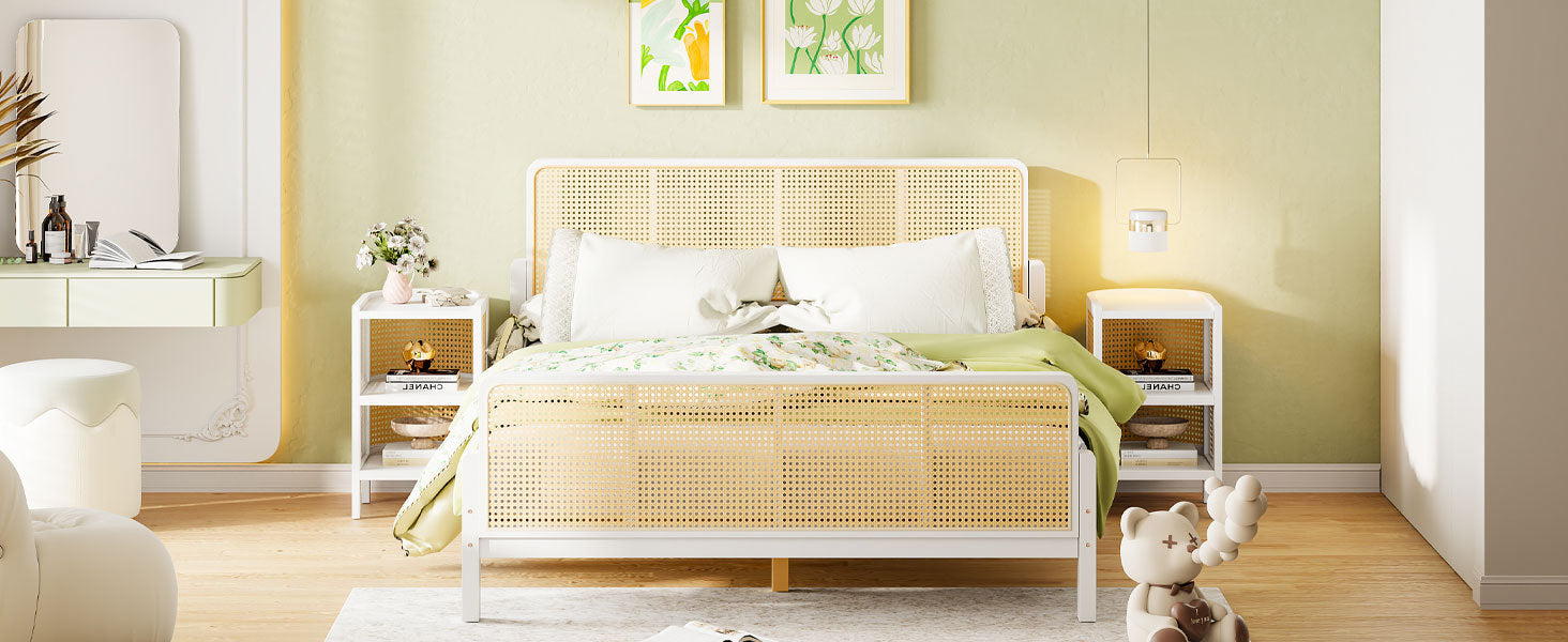 3 Pieces Rattan Platform Full Size Bed With 2 Nightstands,White White Rattan