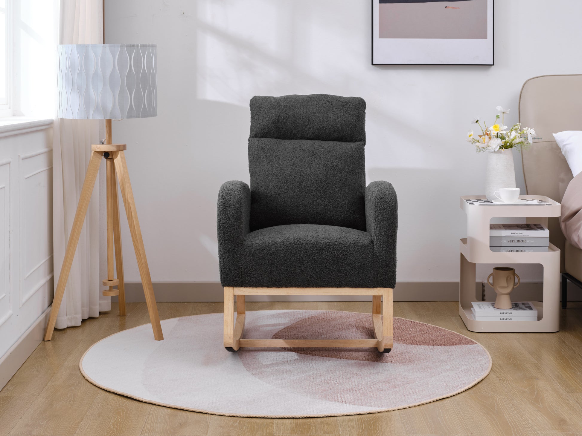 Modern Accent Rocking Chair Rocking Chair With Solid Wood Legs, Upholstered Nursery Glider Rocker, Comfy Armchair With Side Pocket, Living Room Lounge Arm Chair With High Backrest Dark Grey,Teddy Dark Grey White Primary Living Space Casual Foam Teddy