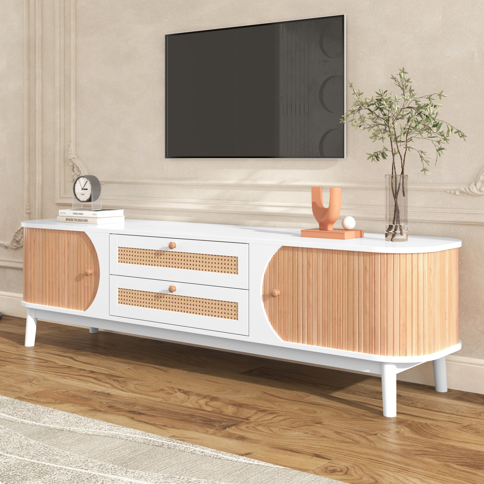 Rattan Tv Stand For Tvs Up To 75'', Modern Farmhouse Media Console, Entertainment Center With Solid Wood Legs, Tv Cabinet For Living Room,Home Theatre Natural White Primary Living Space 60 69 Inches Solid Wood Mdf