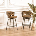 Technical Leather Woven Bar Stool Set Of 2,Black Legs Barstools No Adjustable Kitchen Island Chairs,360 Swivel Bar Stools Upholstered Bar Chair Counter Stool Arm Chairs With Back Footrest, Brown Brown Black Technical Leather