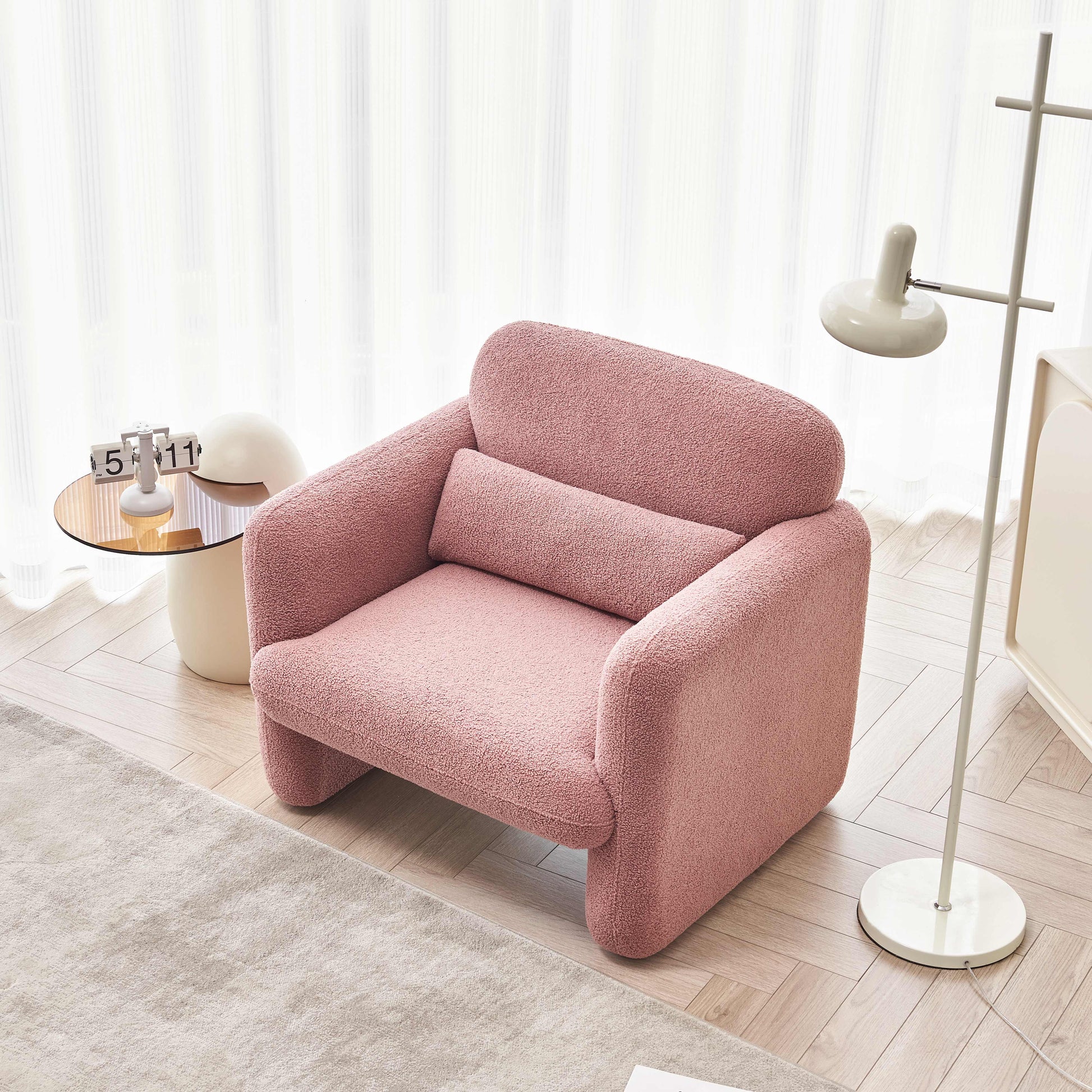 34"Lamb Fleece Fabric Sofa, Modern Single Sofa With Support Pillow For Apartment, Office, Living Room & Bedroom, Tool Free Assembly. Pink Pink Foam Sherpa