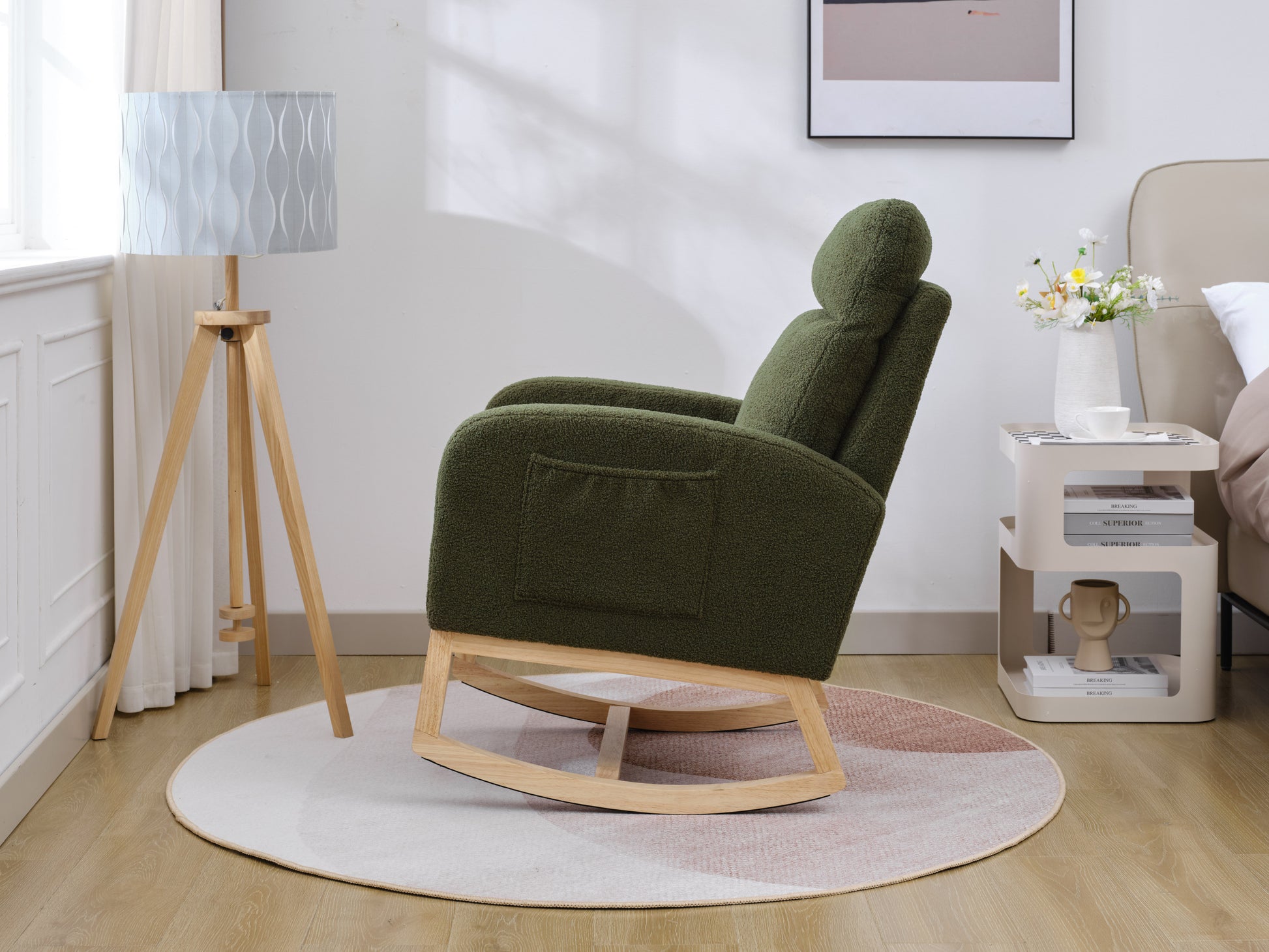 Modern Accent Rocking Chair Rocking Chair With Solid Wood Legs, Upholstered Nursery Glider Rocker, Comfy Armchair With Side Pocket, Living Room Lounge Arm Chair With High Backrest Dark Green,Teddy Dark Green White Primary Living Space Casual Foam Teddy