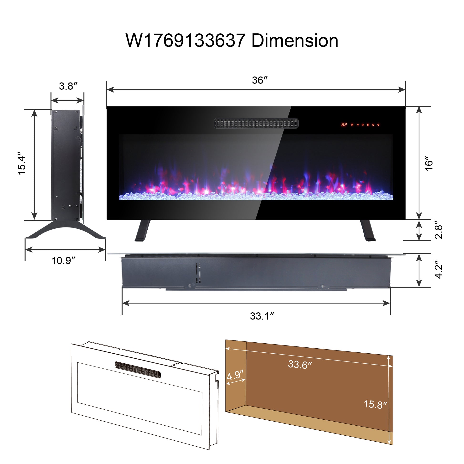 36 Inch Recessed Ultra Thin Tempered Glass Front Wall Mounted Electric Fireplace With Remote And Multi Color Flame & Emberbed, Led Light Heater Powder Coated Electric Antique Black Yes Tempered Glass Sheet Metal Plastic