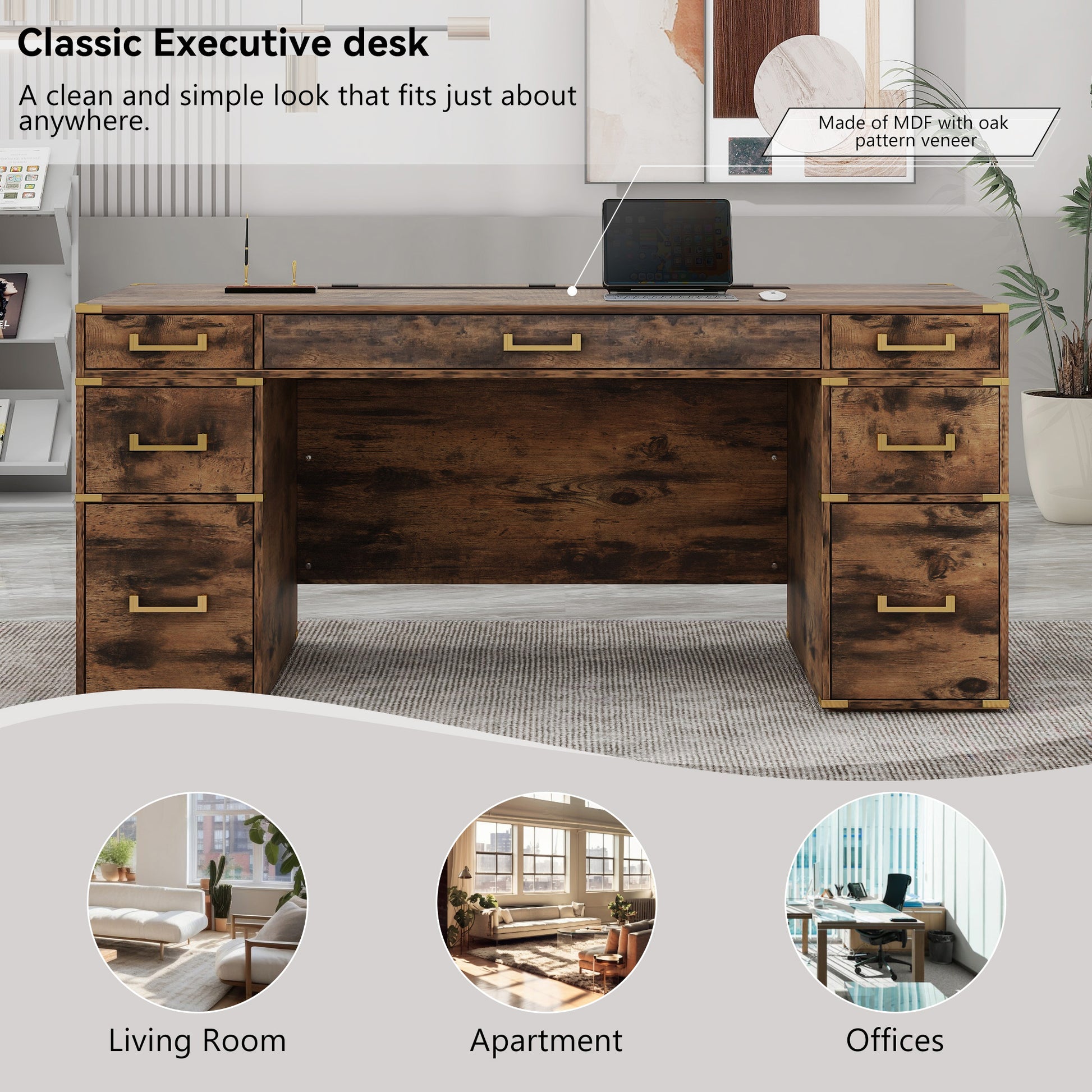 70"Classic And Traditional Executive Desk With Metal Edge Trim ,Writing Desk With 2 File Drawers,Usb Ports And Outlets,Desk With Hidden Compartment For Living Room,Home Office,Study Room,Brown Brown