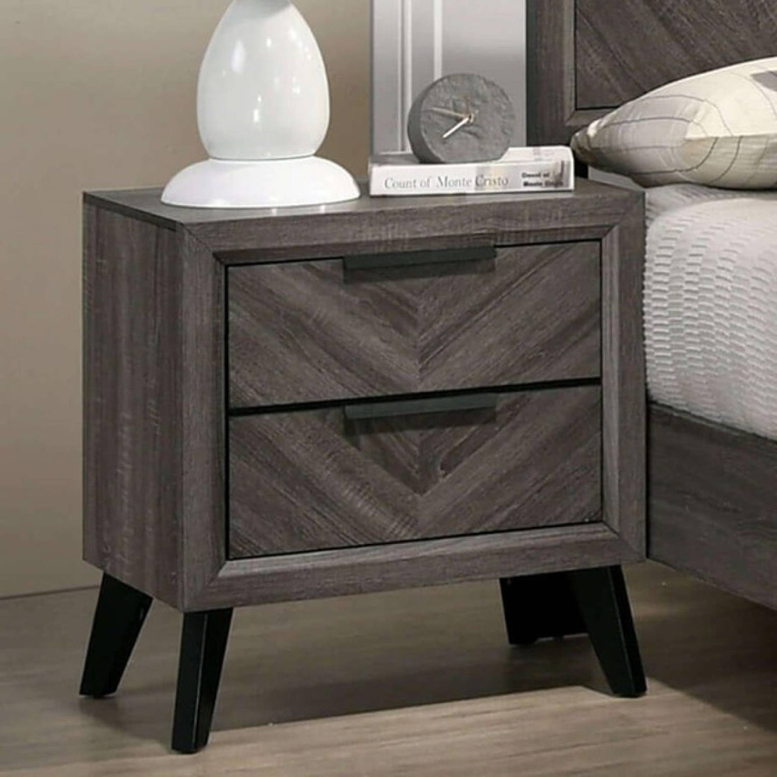 Contemporary Gray Color 1Pc Nightstand Bedroom Furniture Solid Wood Chevron Pattern 2 Drawers Bedside Table Replicated Wood Grain Gray Gray 2 Drawers Bedroom Bedside Cabinet Classic,Contemporary,Modern Rubberwood Drawers Solid Wood