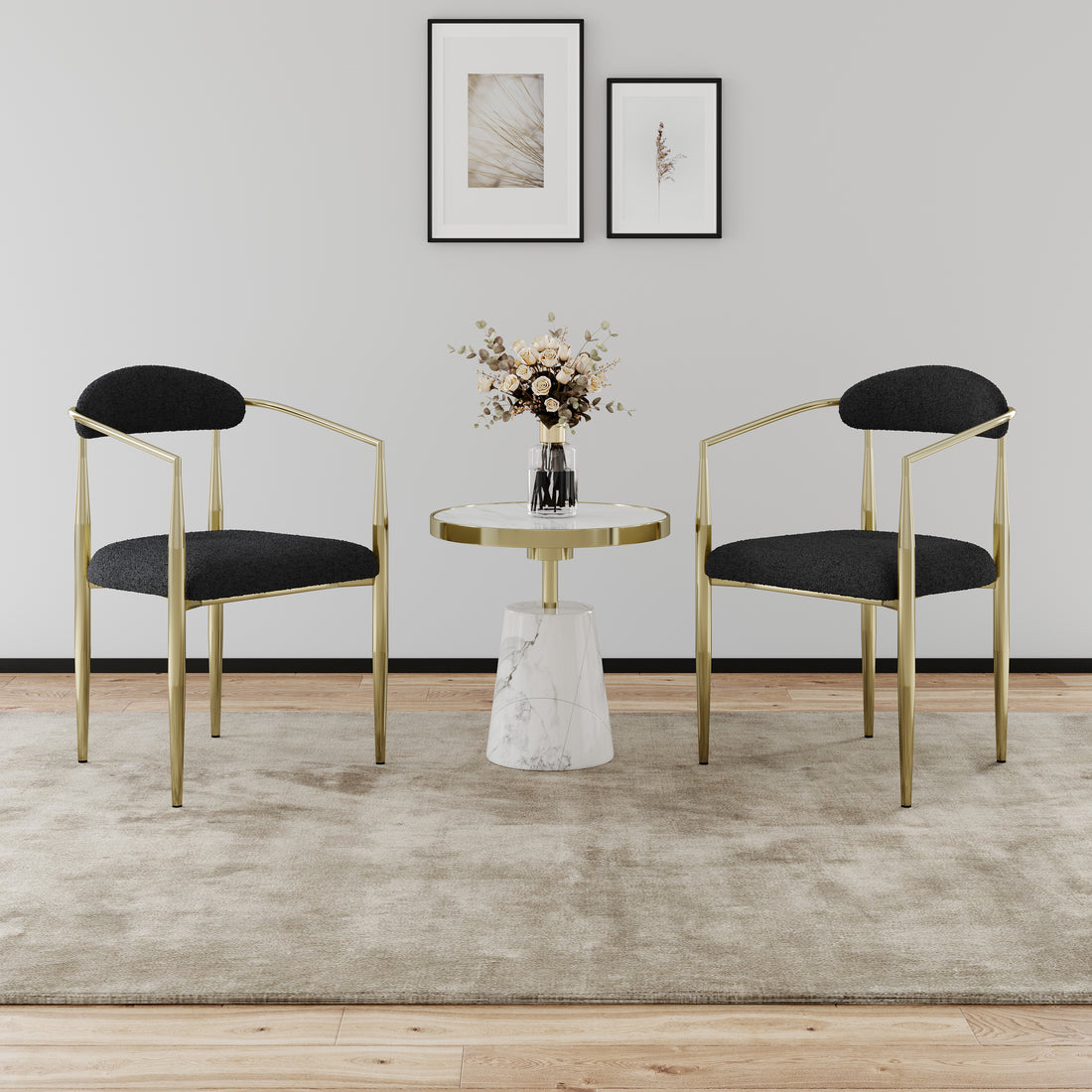 Woker Dining Chairs Set Of 2, Mid Century Modern Dining Chairs, Kitchen Dining Room Chairs, Round Boucle Backrest Sherpa Dining Chair With Black Metal Legs Iron White Black Dining Room Foam Round Dining Chairs Foam Metal