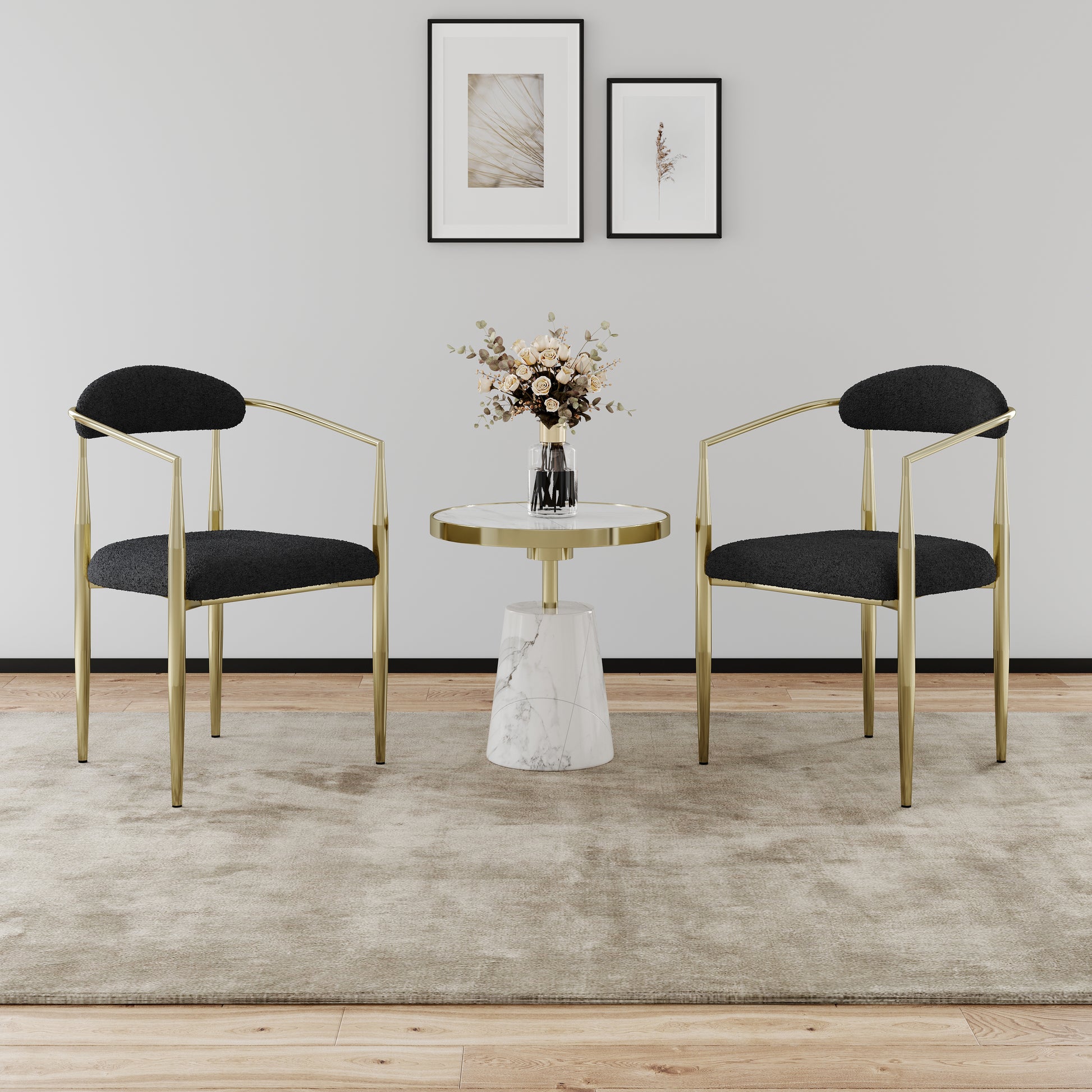 Woker Dining Chairs Set Of 2, Mid Century Modern Dining Chairs, Kitchen Dining Room Chairs, Round Boucle Backrest Sherpa Dining Chair With Black Metal Legs Iron White Black Dining Room Foam Round Dining Chairs Foam Metal