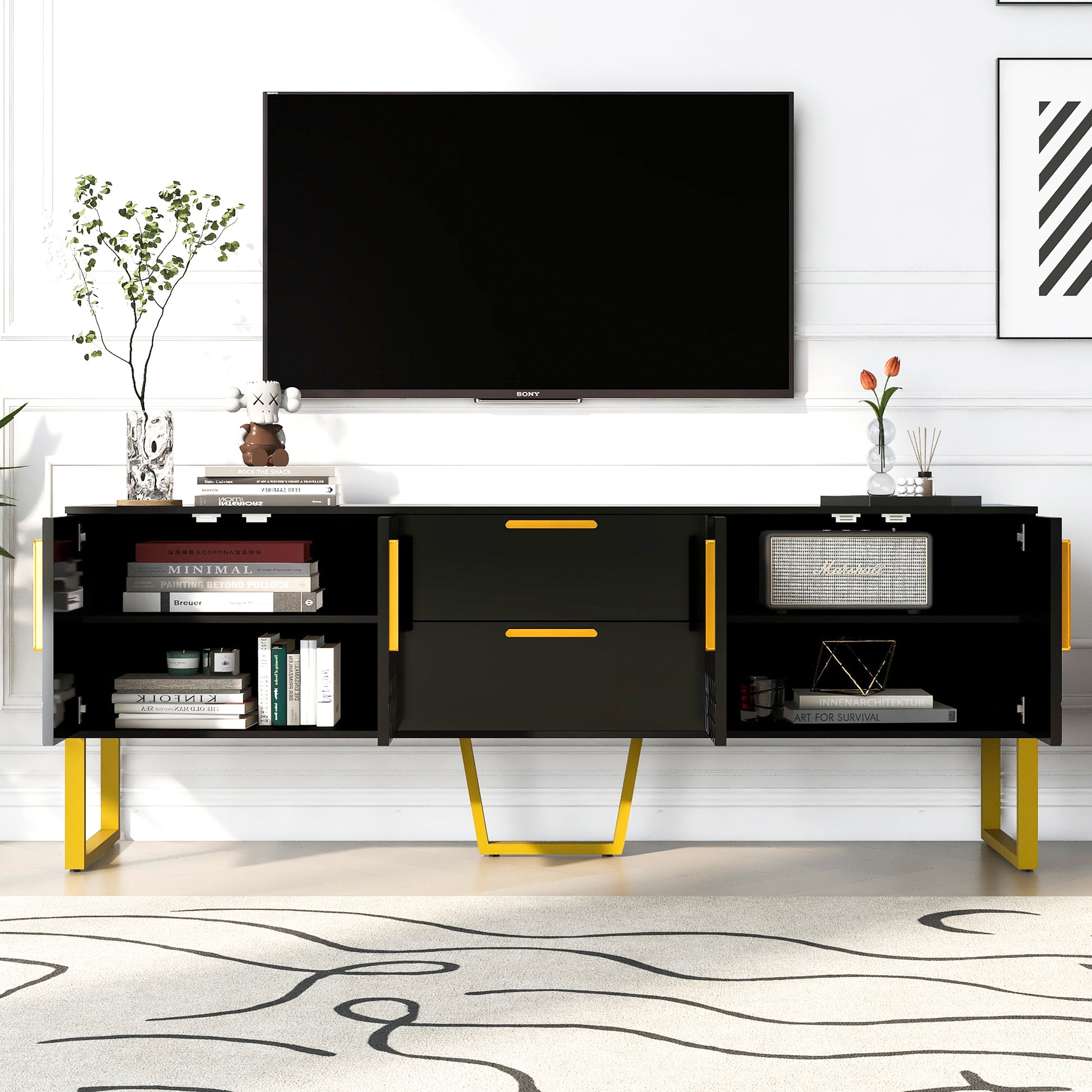 Modern Tv Stand For Tvs Up To 75 Inches, Storage Cabinet With Drawers And Cabinets, Wood Tv Console Table With Metal Legs And Handles For Living Room, Black Black Mdf