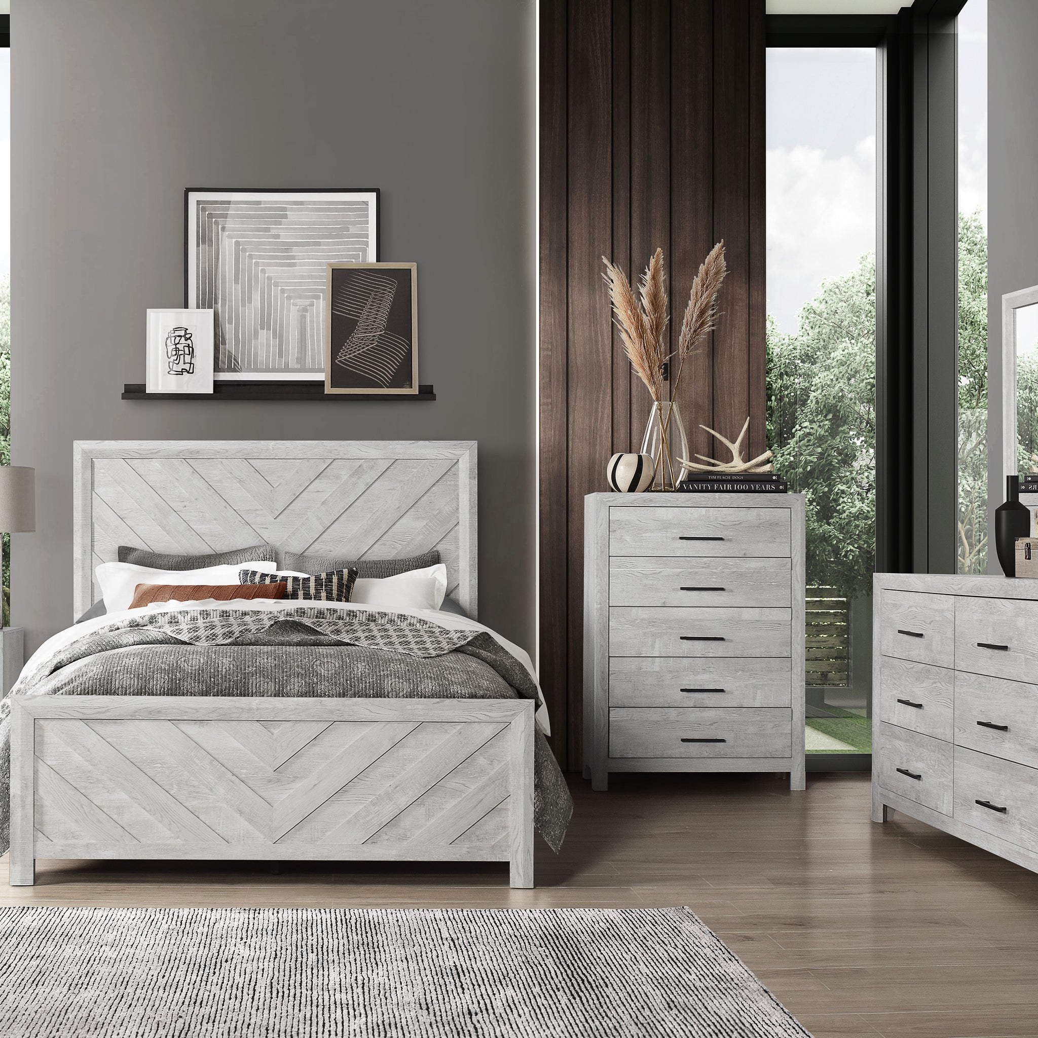 Twin 5Pc Modern Style Storage Bedroom Set Made With Wood In Gray Box Spring Required Twin Gray Wood 5 Piece Set Bedroom Bed Included,Chest Included,Dresser Included,Mirror Included,Nightstand