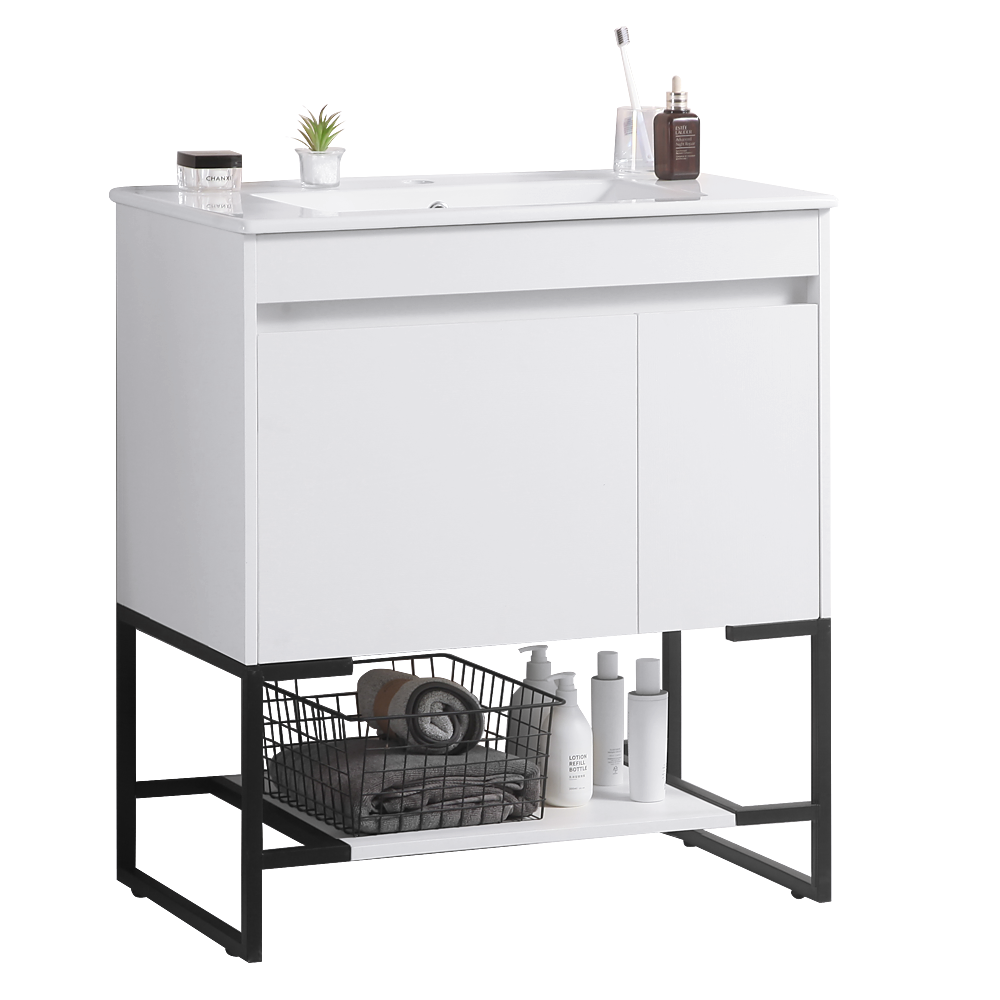 30" Bathroom Vanity With Sink,Bathroom Vanity Cabinet With One Soft Close Cabinet Doors & Soft Close Drawers,Bathroom Storage Cabinet With A Lower Open Shelf,With Metal Legs,White Ceramic Sink,White White Solid Wood