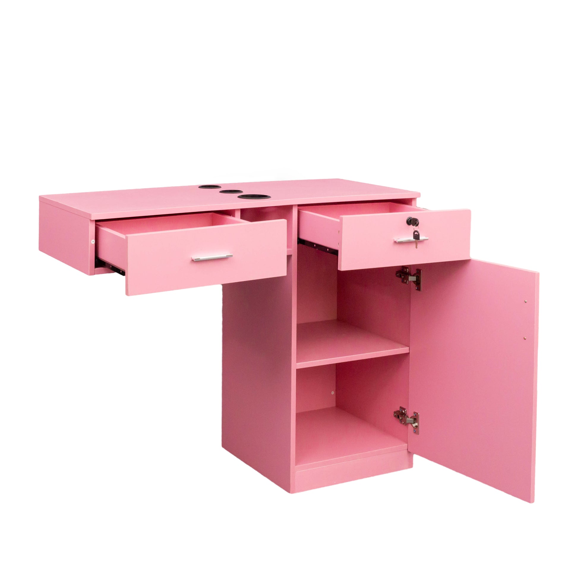 Wall Mount Barber Salon Station, Salon Storage Hair Stylist Equipment Set W Appliance Holders Lockable Drawers Storage Cabinet Pink Mdf