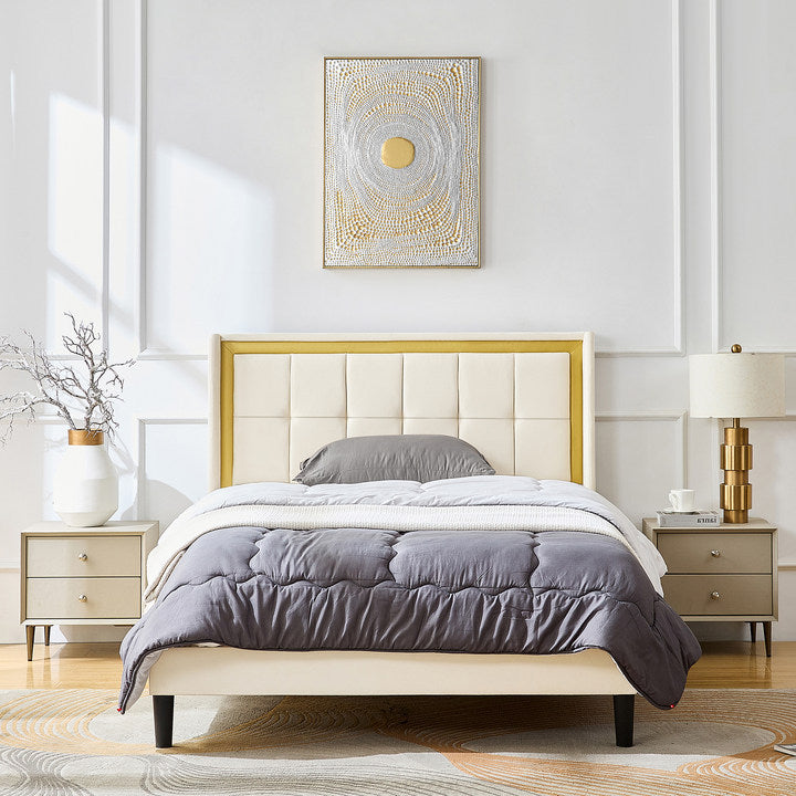Queen Size Upholstered Bed With Headboard, Sturdy Wooden Slats, High Load Bearing Capacity, Non Slip And Noiseless, No Springs, Easy To Assemble, Beige White Wood