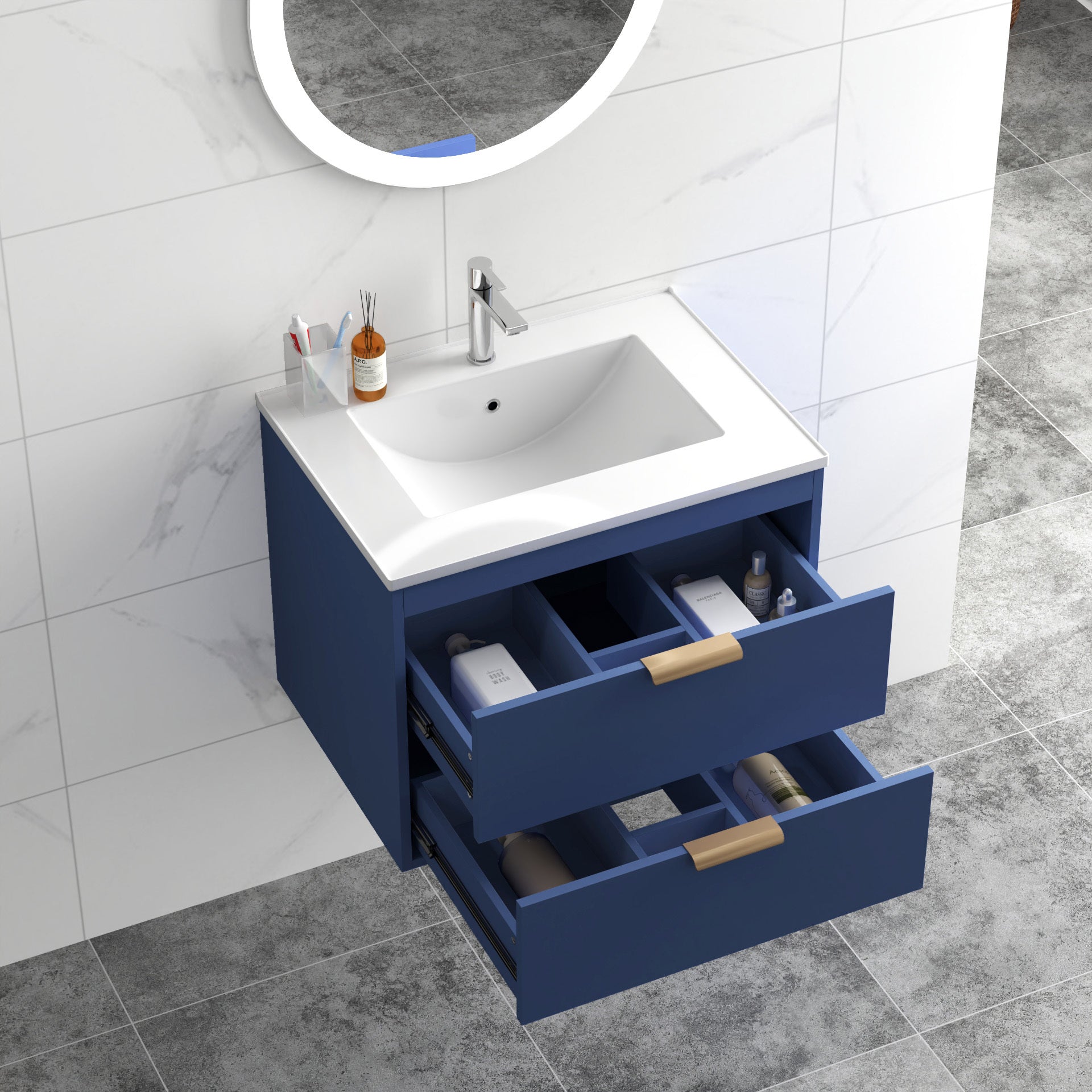 24" Floating Wall Mounted Bathroom Vanity With White Ceramic Sink And Drawer Storage Blue Wall Mounted Ceramic Mdf