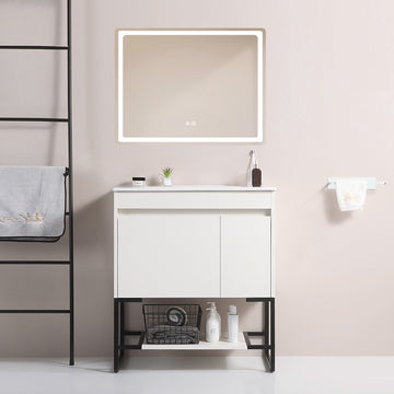 30" Bathroom Vanity With Sink,Bathroom Vanity Cabinet With One Soft Close Cabinet Doors & Soft Close Drawers,Bathroom Storage Cabinet With A Lower Open Shelf,With Metal Legs,White Ceramic Sink,White White Solid Wood