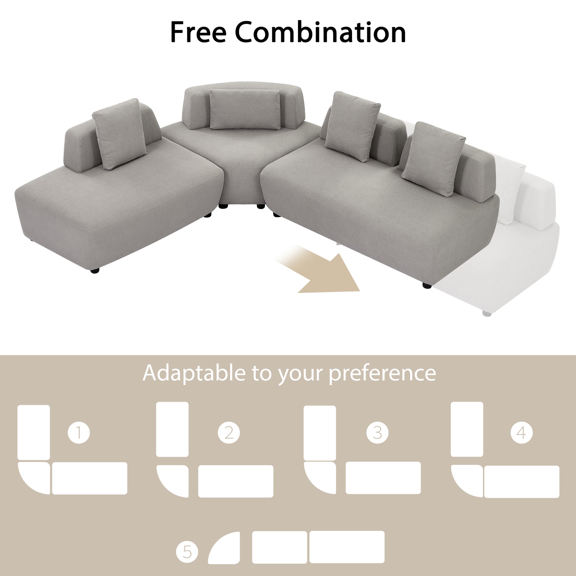 Contemporary 3 Piece Sectional Sofa Free Convertible Sofa With Four Removable Pillows For Living Room, Grey Grey Foam Boucle