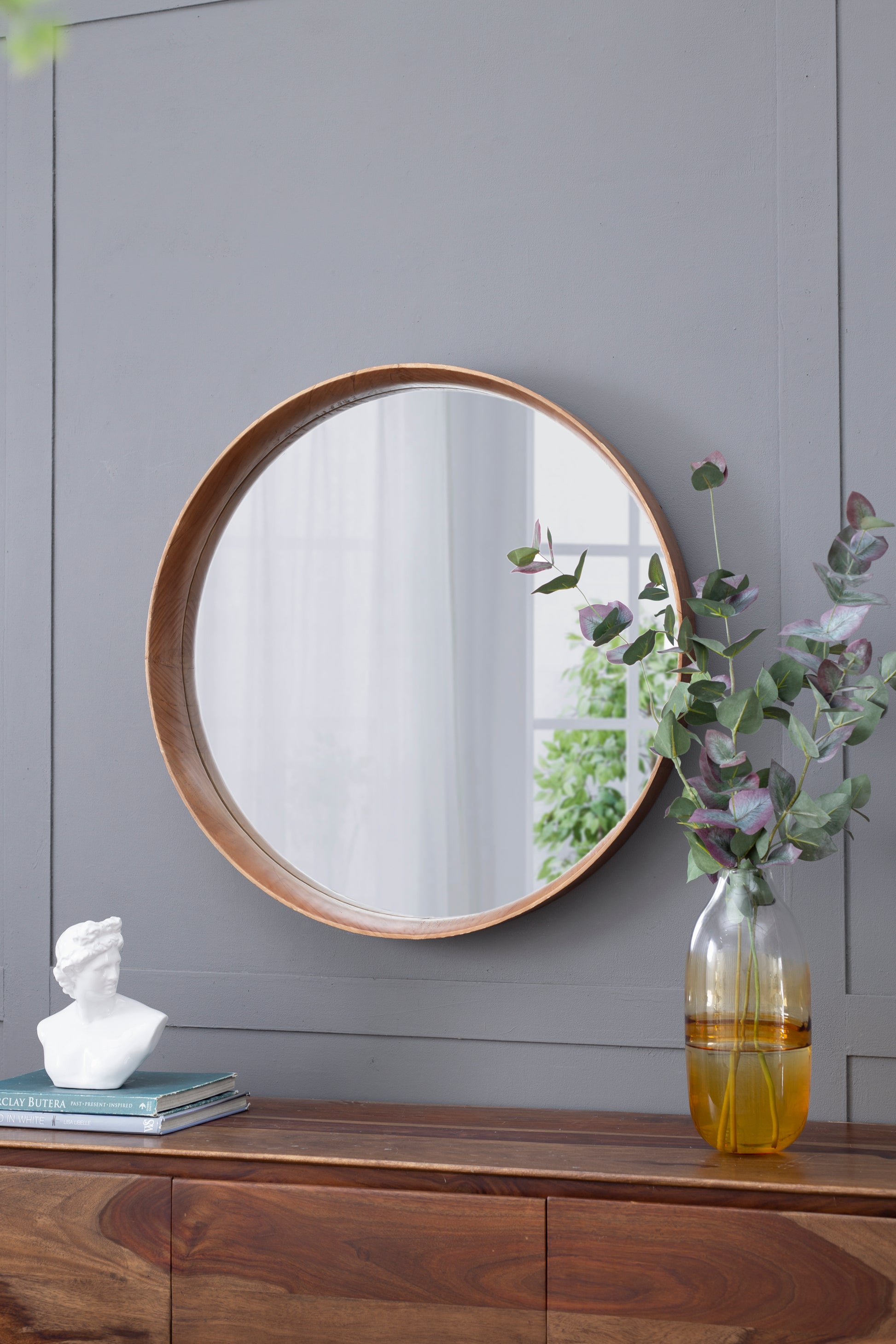 31.5" Round Pine Wood Mirror, Wall Mounted Mirror Home Decor For Bathroom Living Room Brown Pine