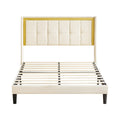 Queen Size Upholstered Bed With Headboard, Sturdy Wooden Slats, High Load Bearing Capacity, Non Slip And Noiseless, No Springs, Easy To Assemble, Beige White Wood