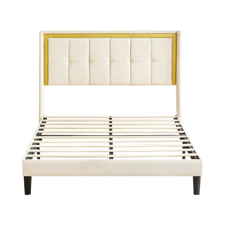 Queen Size Upholstered Bed With Headboard, Sturdy Wooden Slats, High Load Bearing Capacity, Non Slip And Noiseless, No Springs, Easy To Assemble, Beige White Wood