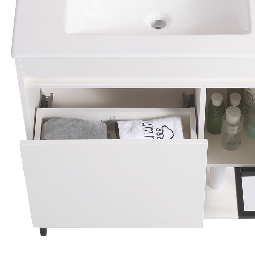 30" Bathroom Vanity With Sink,Bathroom Vanity Cabinet With One Soft Close Cabinet Doors & Soft Close Drawers,Bathroom Storage Cabinet With A Lower Open Shelf,With Metal Legs,White Ceramic Sink,White White Solid Wood