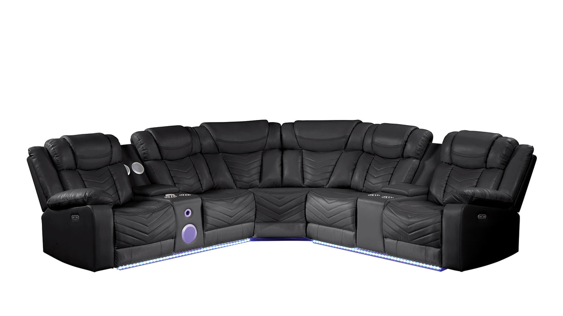 Challenger Modern Style Recliner Sectional Sofa, Built In Usb C Ports & Bluetooth, Made With Wood & Faux Leather In Black Black Faux Leather Wood Primary Living Space Cushion Back Contemporary,Modern U Shaped Solid Wood Mdf Faux Leather 7 Seat