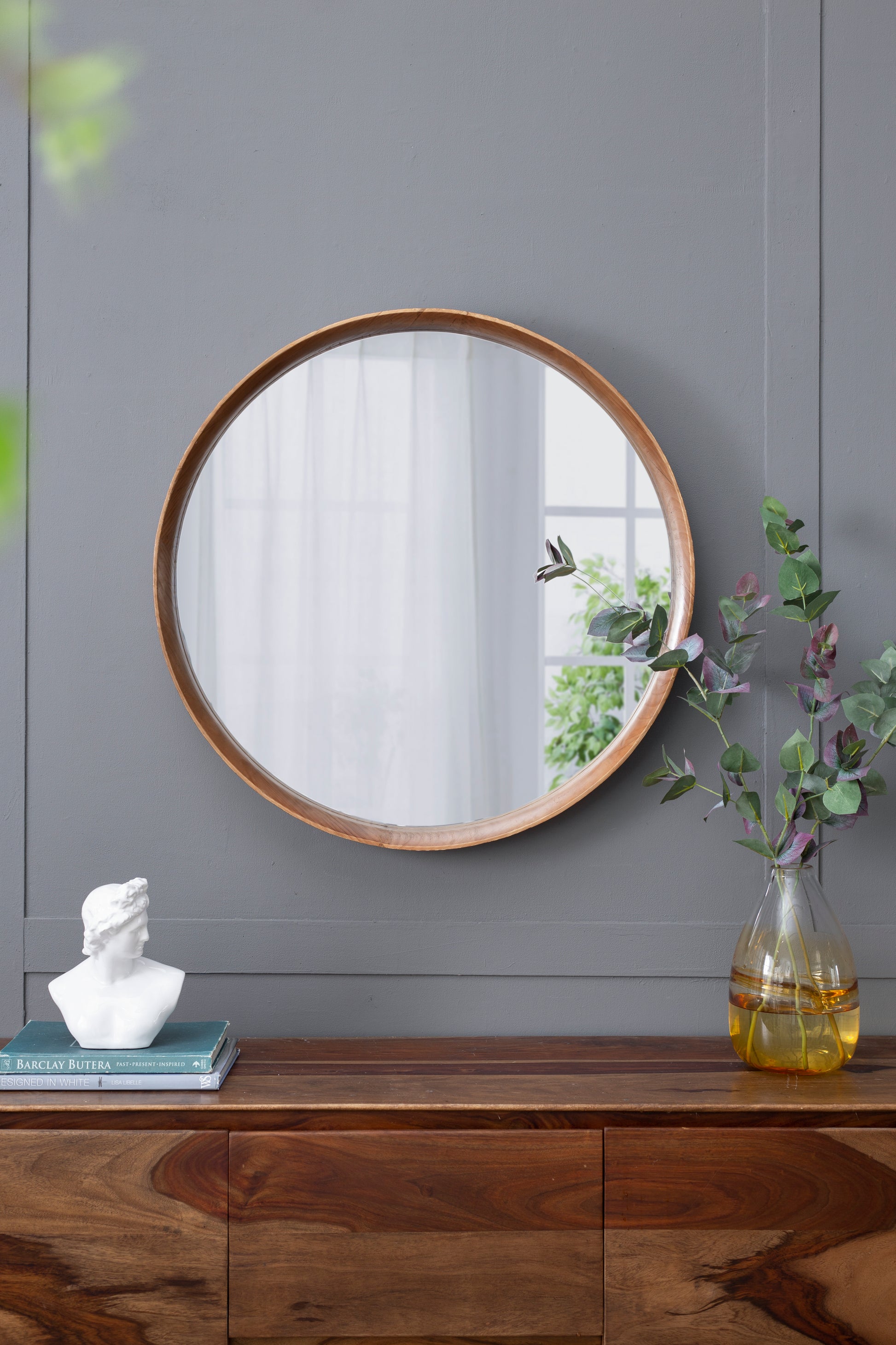 31.5" Round Pine Wood Mirror, Wall Mounted Mirror Home Decor For Bathroom Living Room Brown Pine