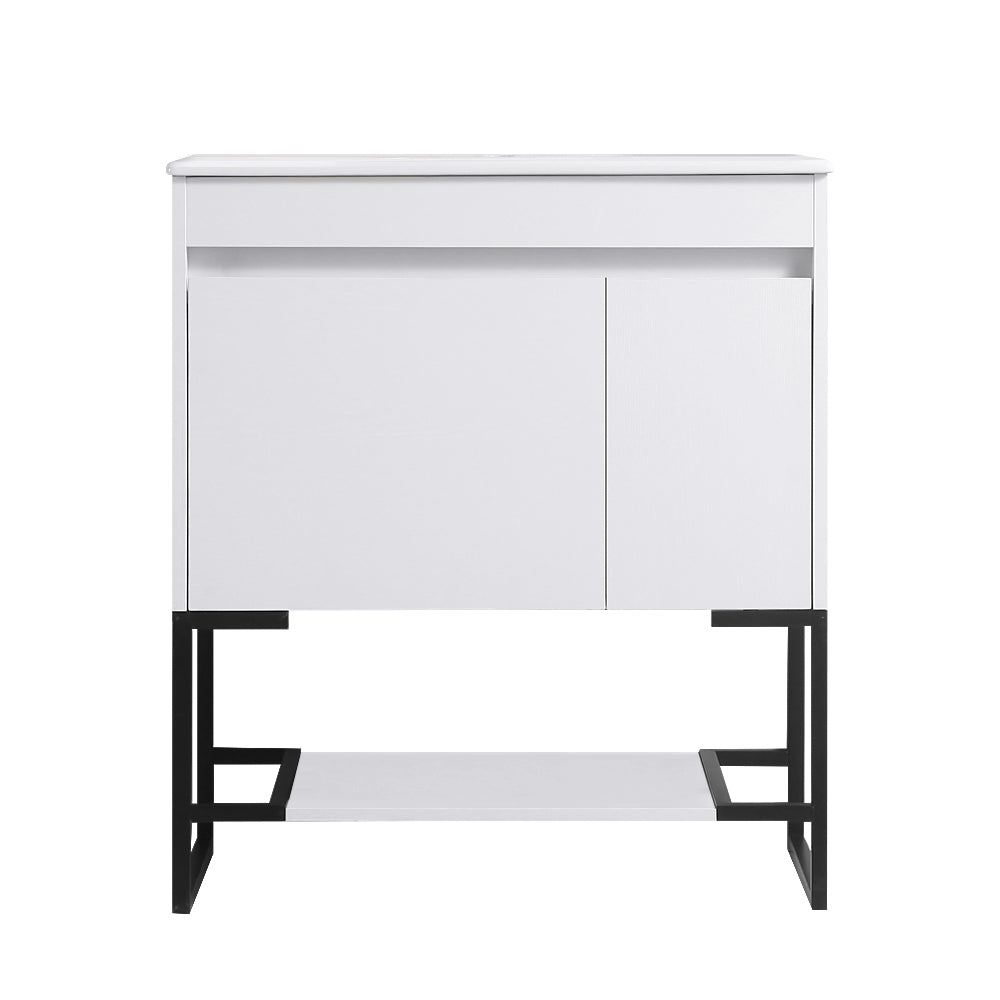 30" Bathroom Vanity With Sink,Bathroom Vanity Cabinet With One Soft Close Cabinet Doors & Soft Close Drawers,Bathroom Storage Cabinet With A Lower Open Shelf,With Metal Legs,White Ceramic Sink,White White Solid Wood