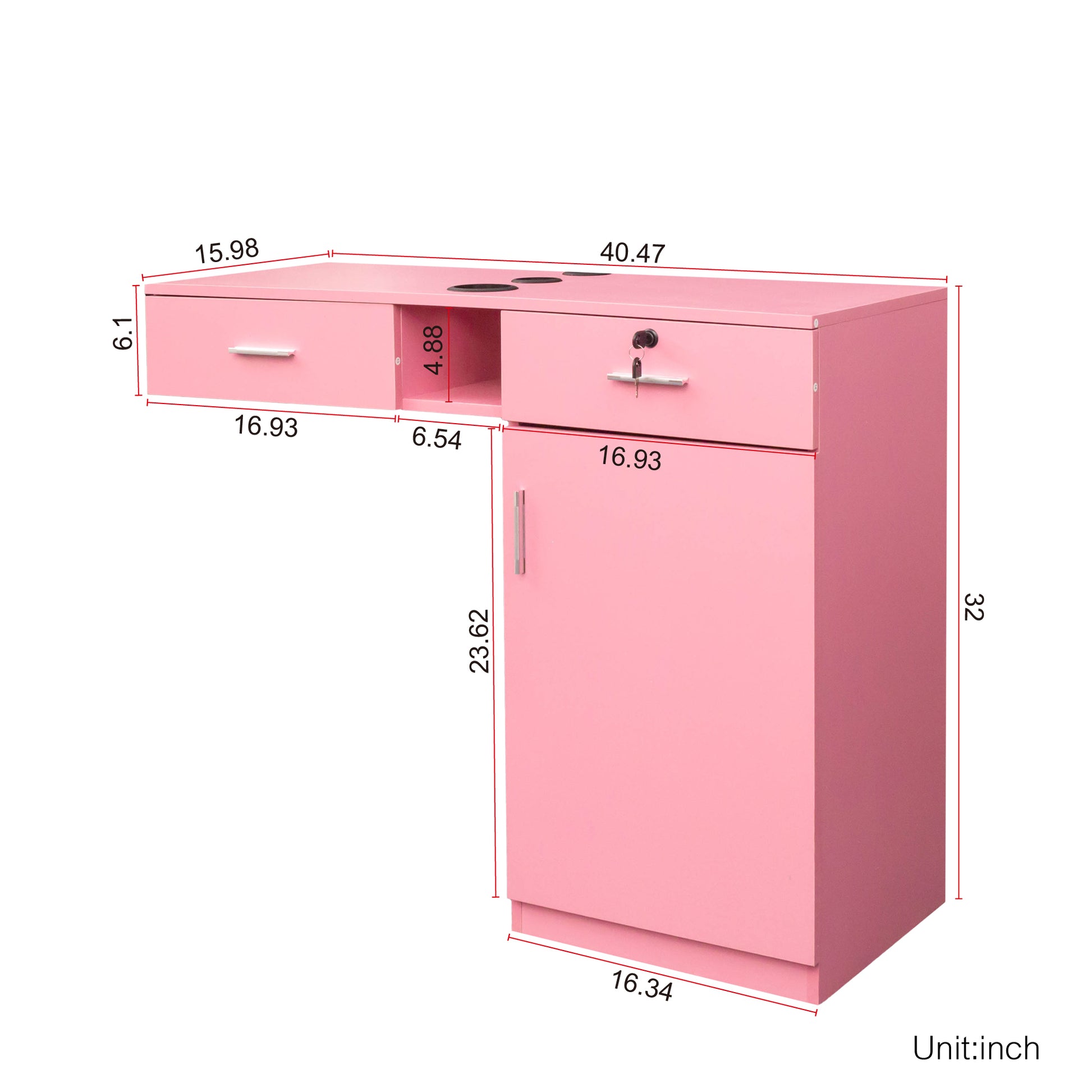 Wall Mount Barber Salon Station, Salon Storage Hair Stylist Equipment Set W Appliance Holders Lockable Drawers Storage Cabinet Pink Mdf