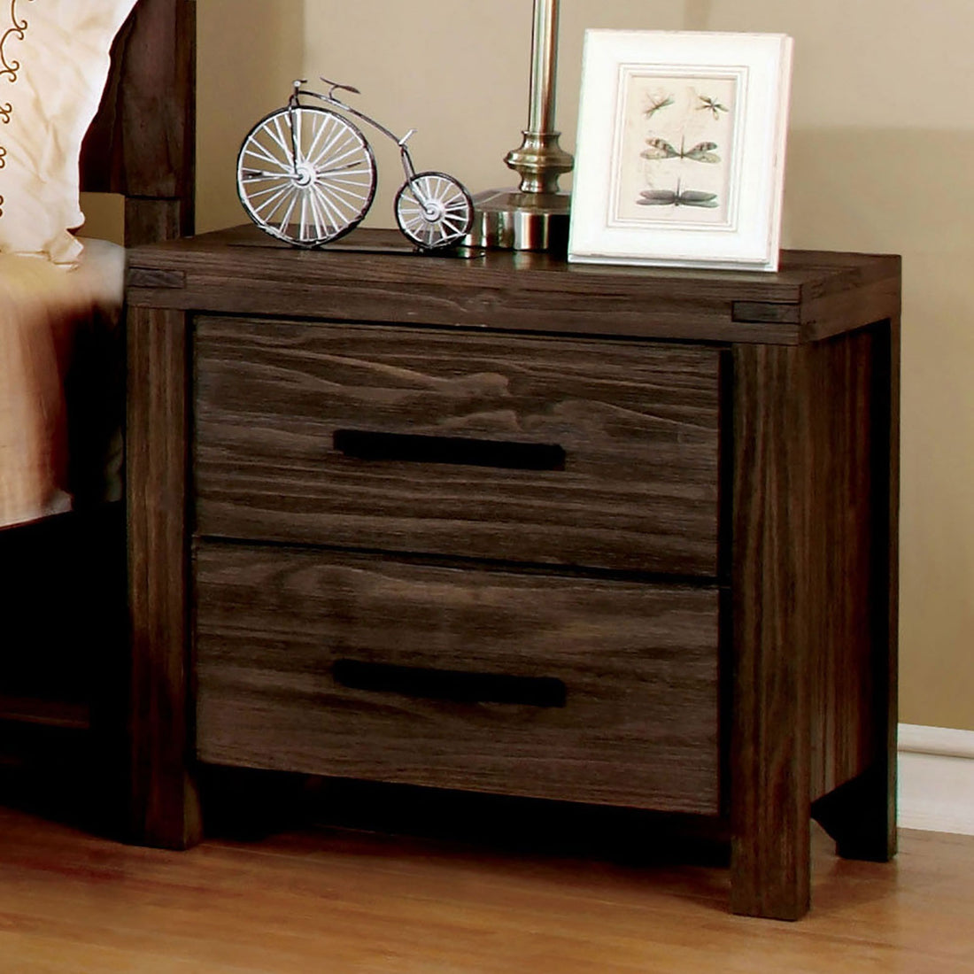 Rustic Style Wire Brushed Rustic Brown 1Pc Nightstand Bedroom Furniture Solid Wood 2 Drawers Bedside Table Metal Bar Handles Rustic Brown 2 Drawers Bedroom Bedside Cabinet Classic,Contemporary,Modern Rubberwood Drawers Solid Wood