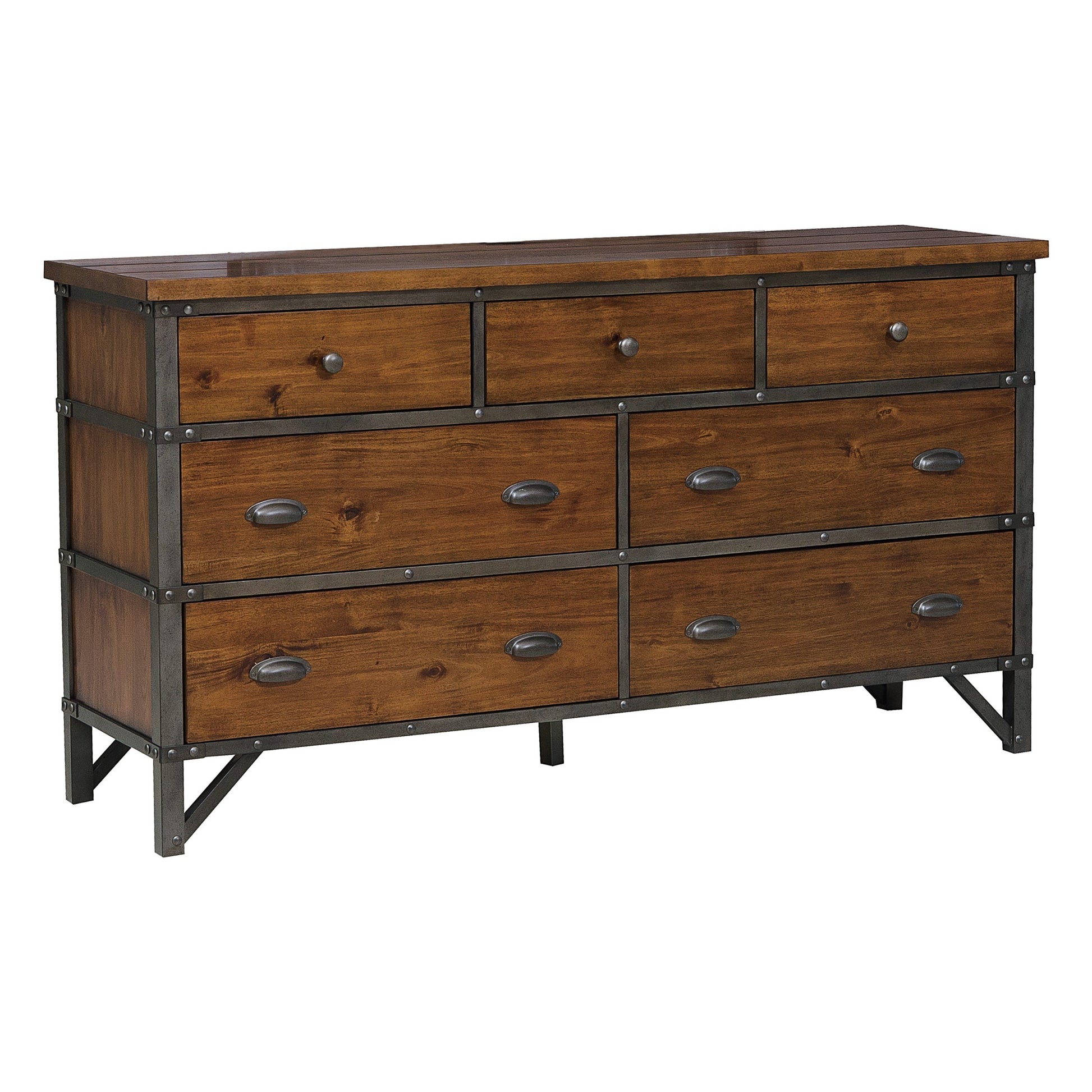 Industrial Design Bedroom Furniture 1Pc Dresser Of 7 Drawers Rustic Brown And Gunmetal Finish Wooden Furniture Rustic Brown Bedroom Industrial Wood