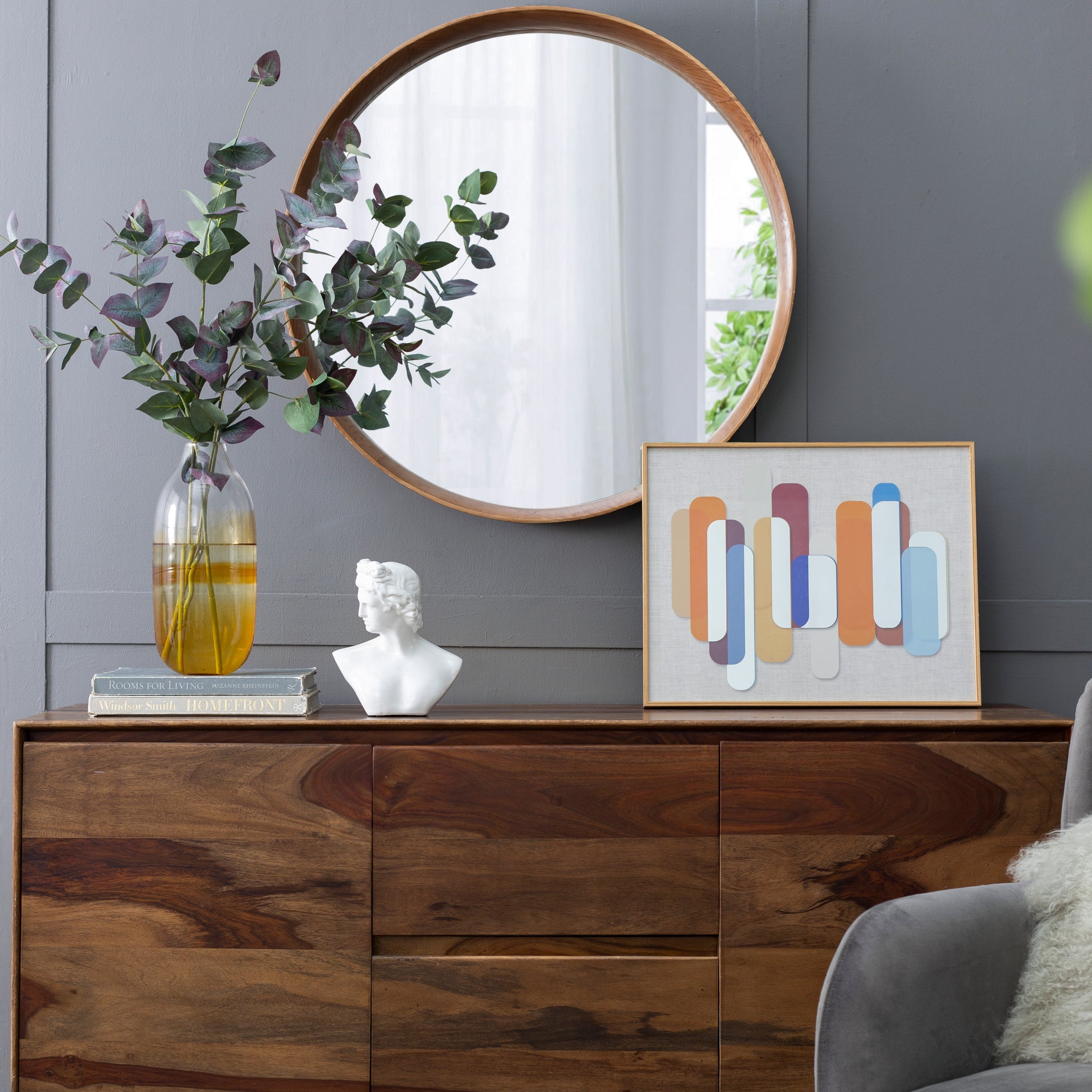 31.5" Round Pine Wood Mirror, Wall Mounted Mirror Home Decor For Bathroom Living Room Brown Pine