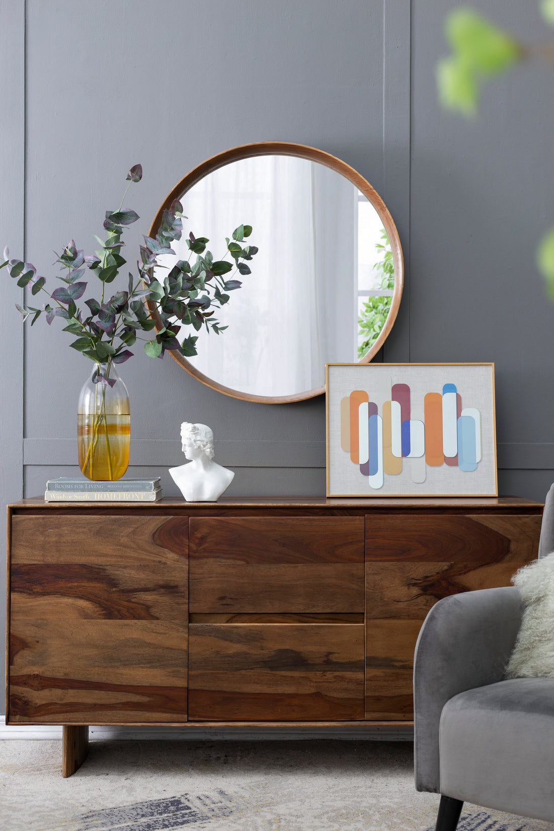 31.5" Round Pine Wood Mirror, Wall Mounted Mirror Home Decor For Bathroom Living Room Brown Pine