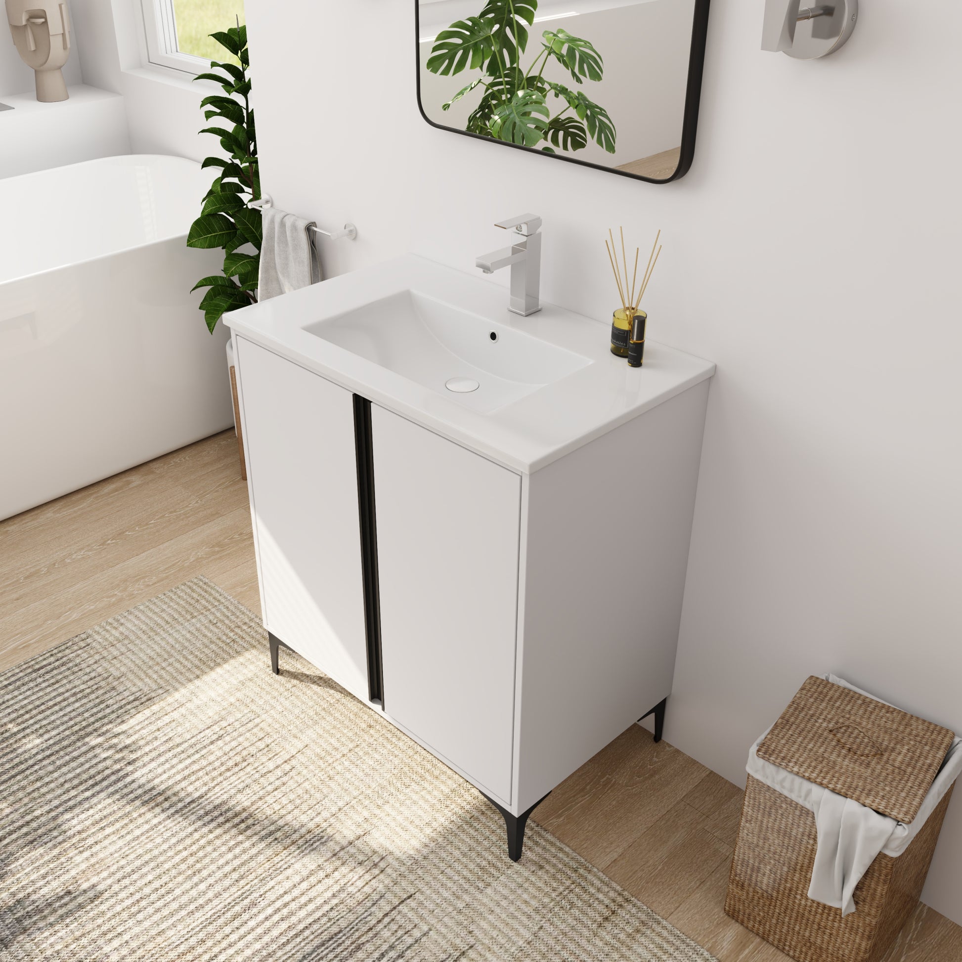 30" Freestanding Bathroom Vanity With Ceramic Sink Bvb06730Wh Bl9075B White 2 Bathroom Freestanding Modern Plywood