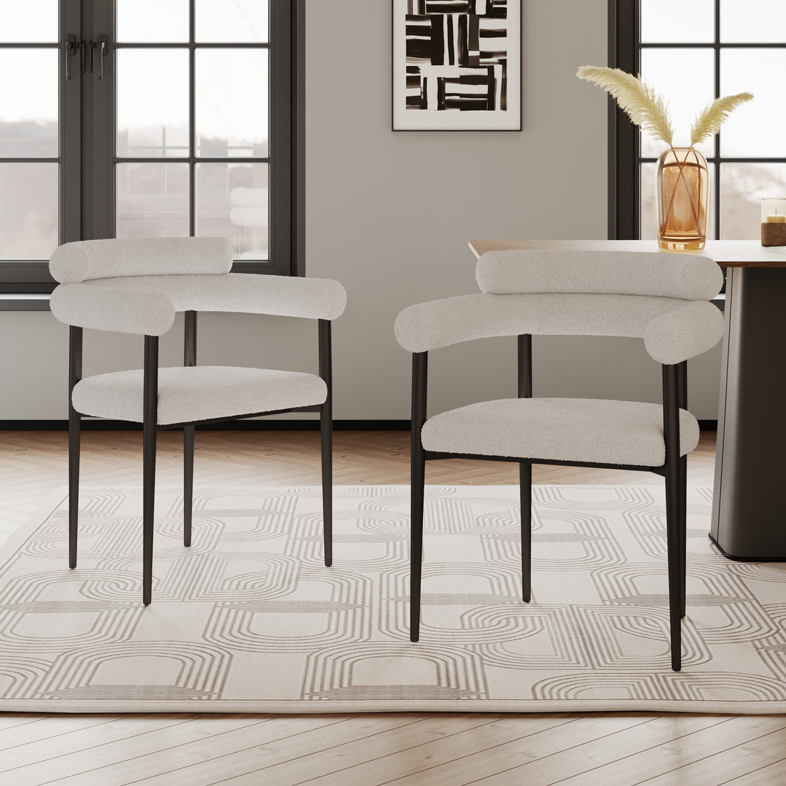 Woker Dining Chairs Set Of 2, Mid Century Modern Dining Chairs, Kitchen Dining Room Chairs, Round Boucle Backrest Sherpa Dining Chair With Black Metal Legs Iron White Black Dining Room Foam Round Dining Chairs Foam Metal