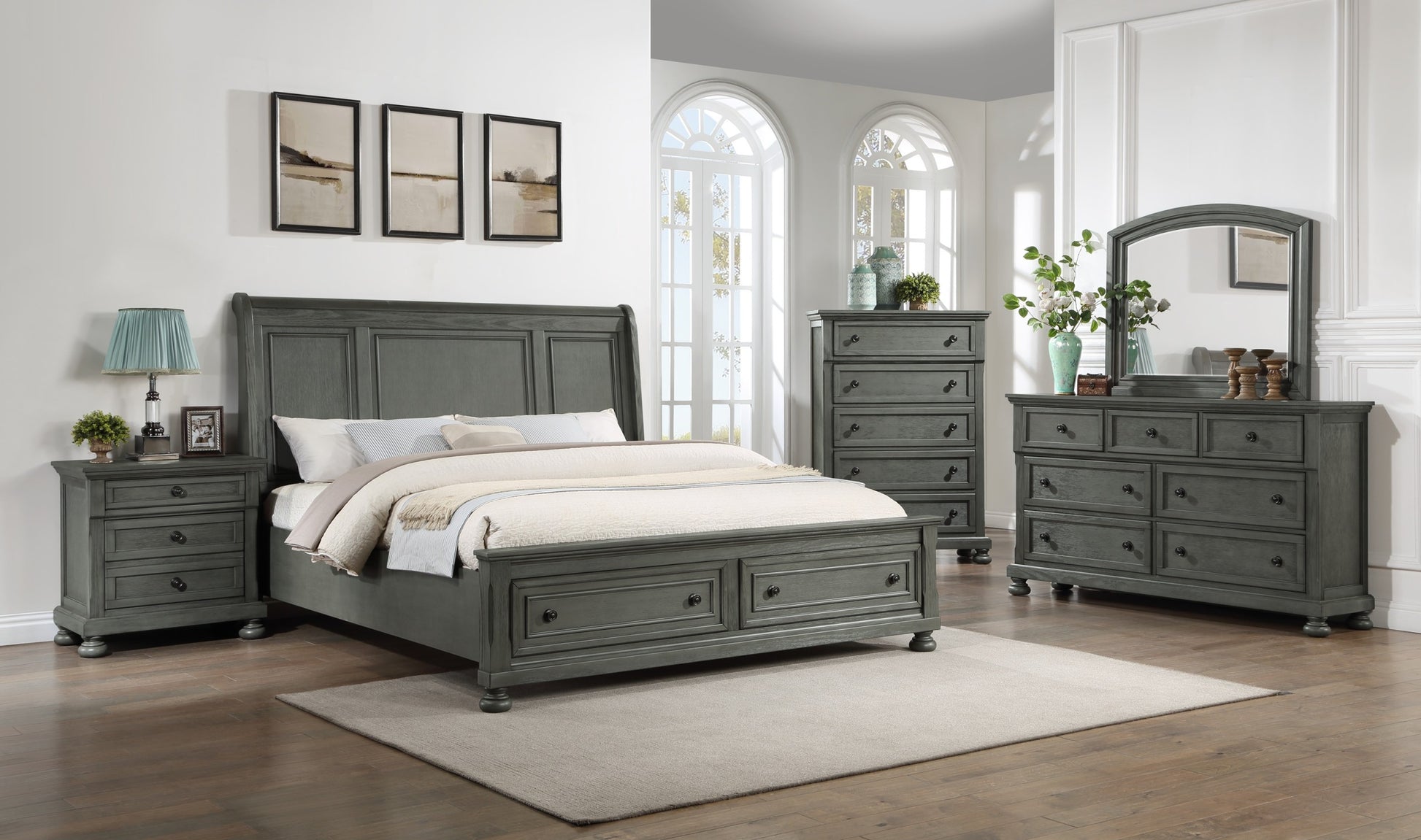 Jackson Modern Style 5Pc Queen Bedroom Set Made With Wood & Rustic Gray Finish Box Spring Not Required Queen Gray Wood Gray 5 Piece Set Bedroom Bed Included,Chest Included,Dresser Included,Mirror Included,Nightstand Included Contemporary,Traditional