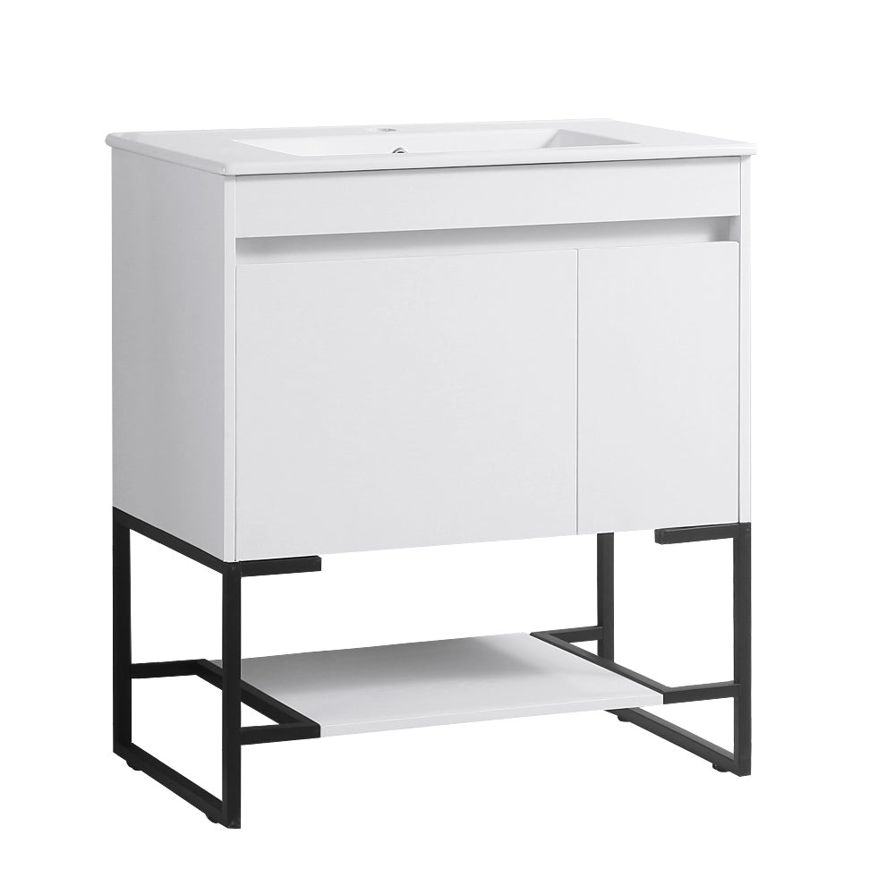 30" Bathroom Vanity With Sink,Bathroom Vanity Cabinet With One Soft Close Cabinet Doors & Soft Close Drawers,Bathroom Storage Cabinet With A Lower Open Shelf,With Metal Legs,White Ceramic Sink,White White Solid Wood