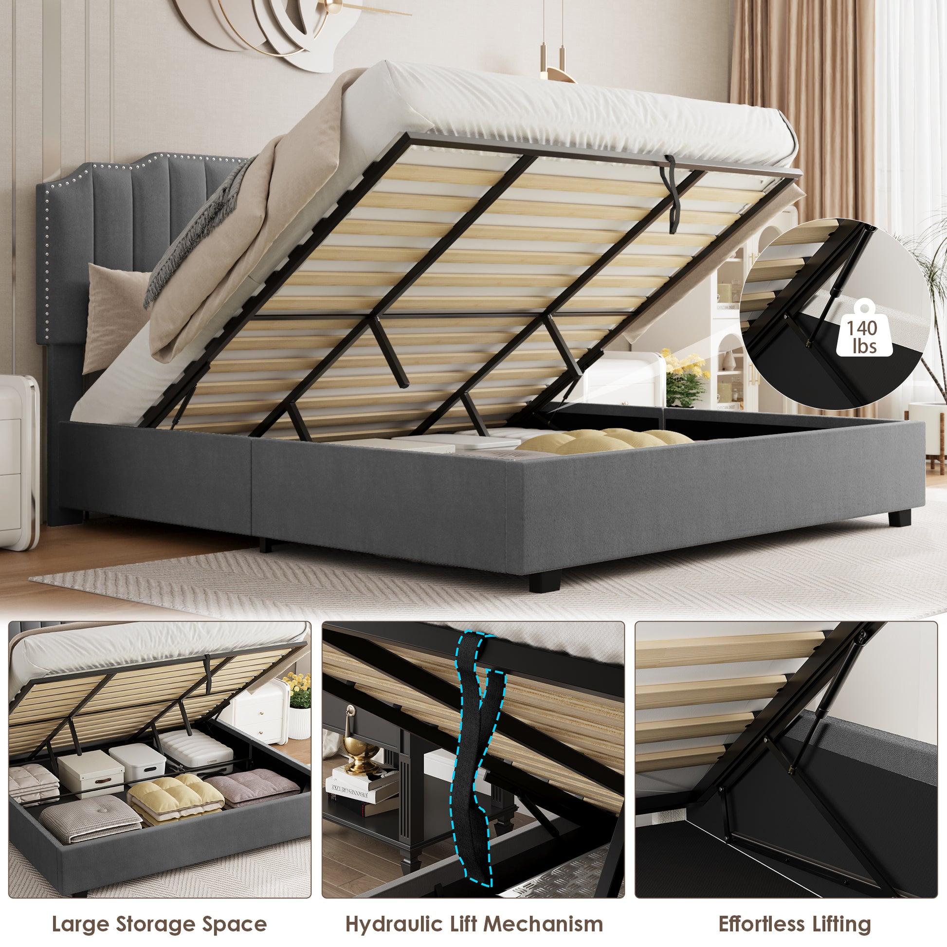 Lift Up Queen Size Bed Velvet Grey Box Spring Not Required Queen Gray Wood Light Brown Bedroom American Design Poplar Slat Beds Foam Velvet Upholstered