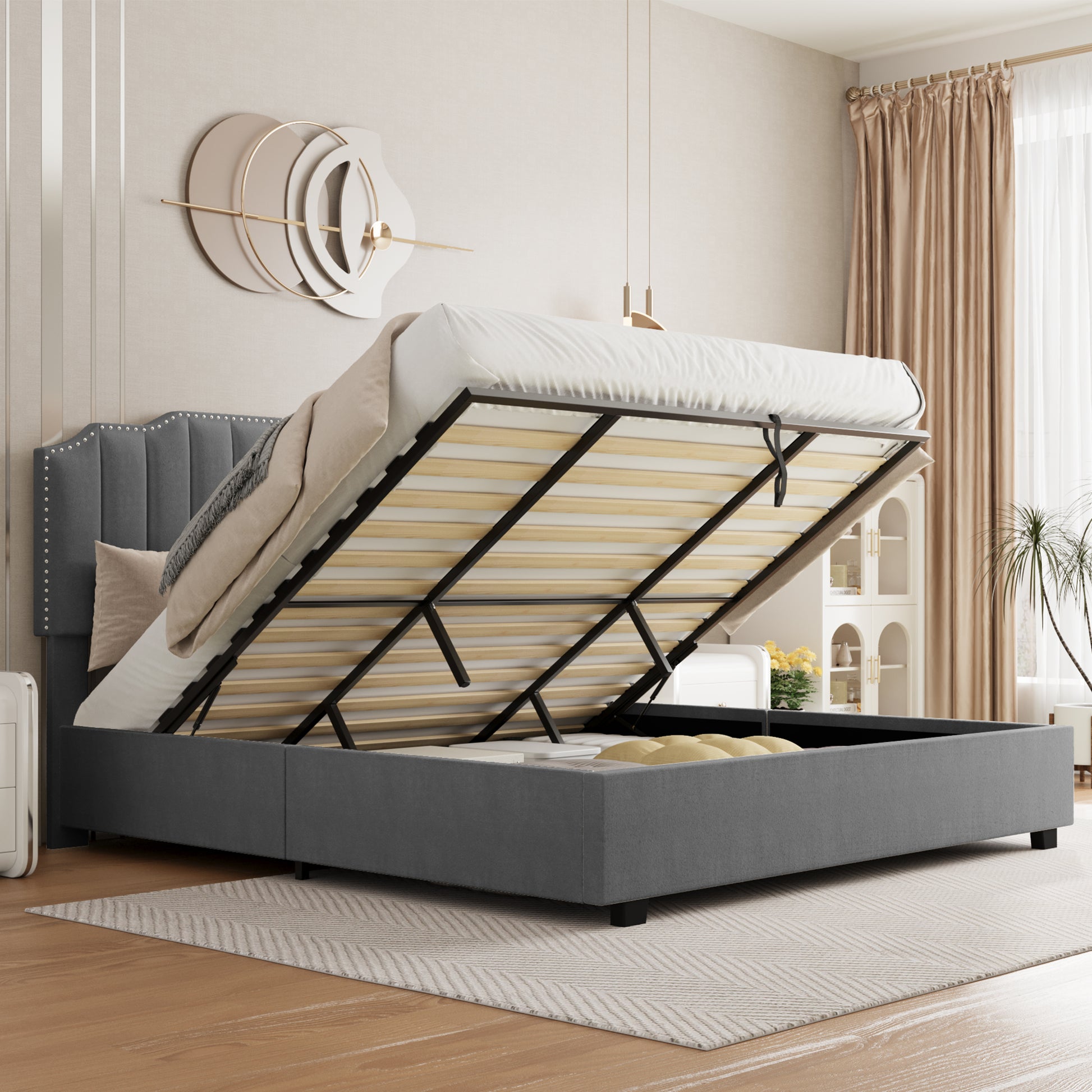 Lift Up Queen Size Bed Velvet Grey Box Spring Not Required Queen Gray Wood Light Brown Bedroom American Design Poplar Slat Beds Foam Velvet Upholstered