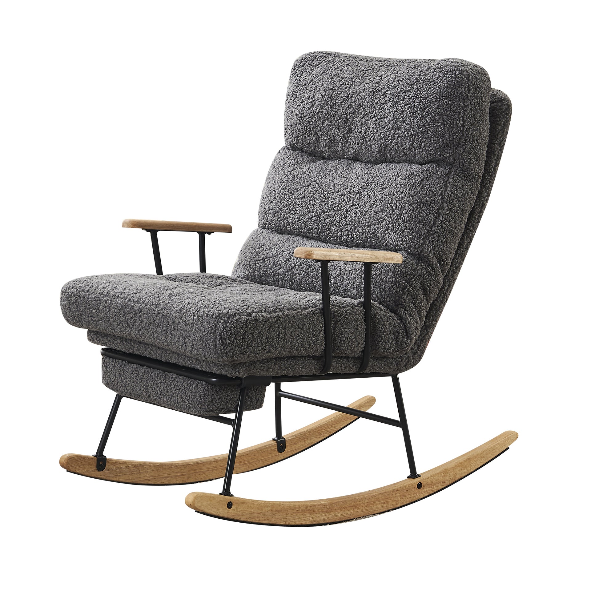 Modern Teddy Gliding Rocking Chair With High Back, Retractable Footrest, And Adjustable Back Angle For Nursery, Living Room, And Bedroom, Gray Gray Fabric