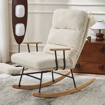 Modern Teddy Gliding Rocking Chair With High Back, Retractable Footrest, And Adjustable Back Angle For Nursery, Living Room, And Bedroom,Beige Beige Fabric