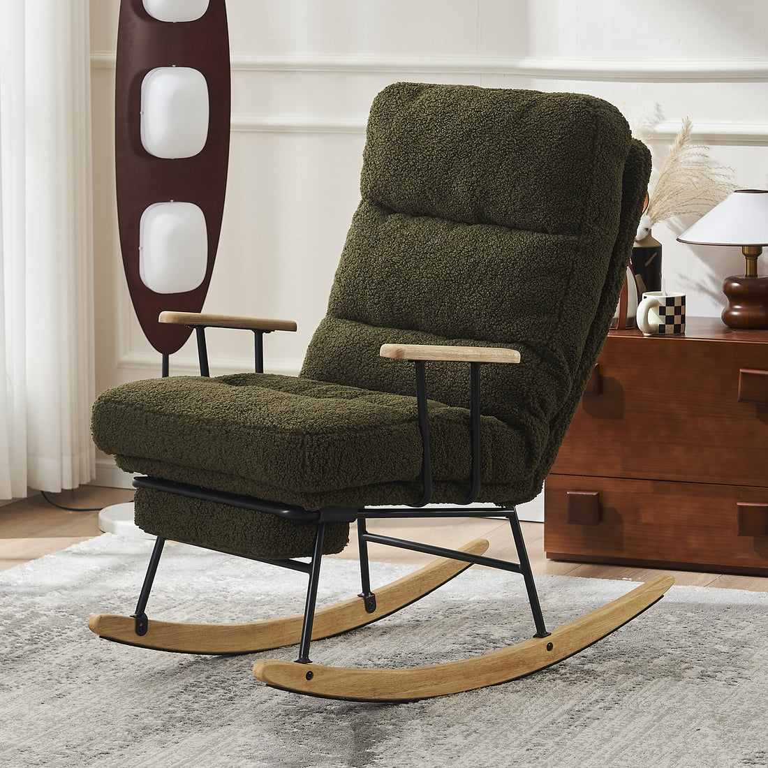 Modern Teddy Gliding Rocking Chair With High Back, Retractable Footrest, And Adjustable Back Angle For Nursery, Living Room, And Bedroom, Green Green Fabric