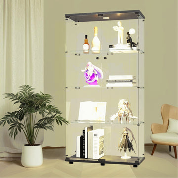 Lighted Two Door Glass Cabinet Glass Display Cabinet With 4 Shelves, Black Black Glass