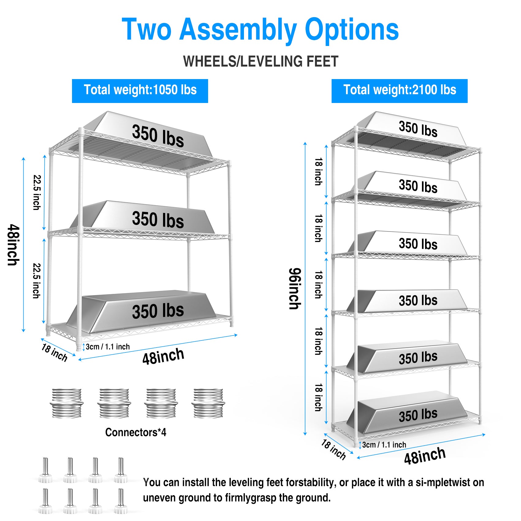 2 Pack 3 Tier Shelf Wire Shelving Unit, 2P 3Twl1848 W Lkj White Iron Plastic