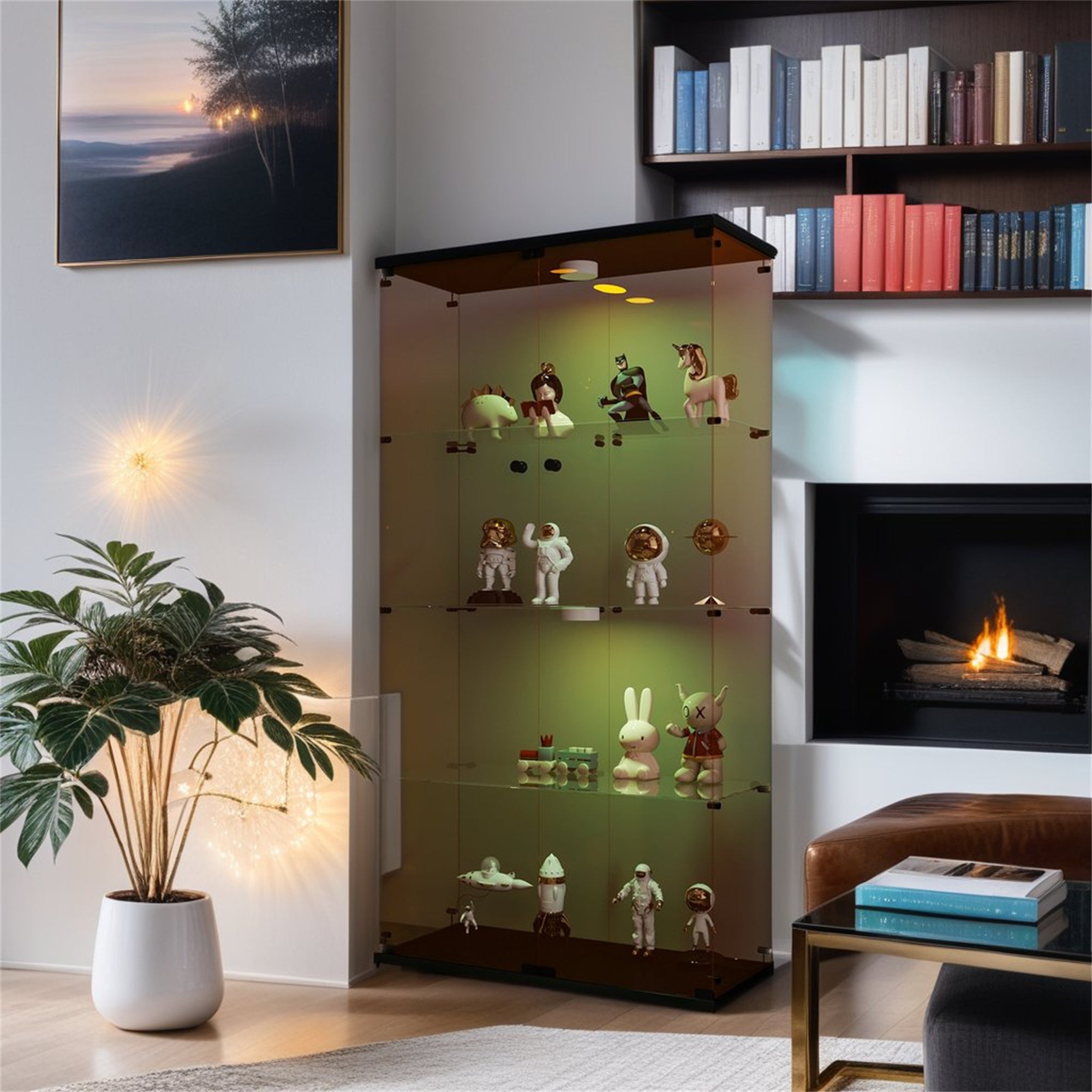 Lighted Two Door Glass Cabinet Glass Display Cabinet With 4 Shelves, Brown Black Brown Glass