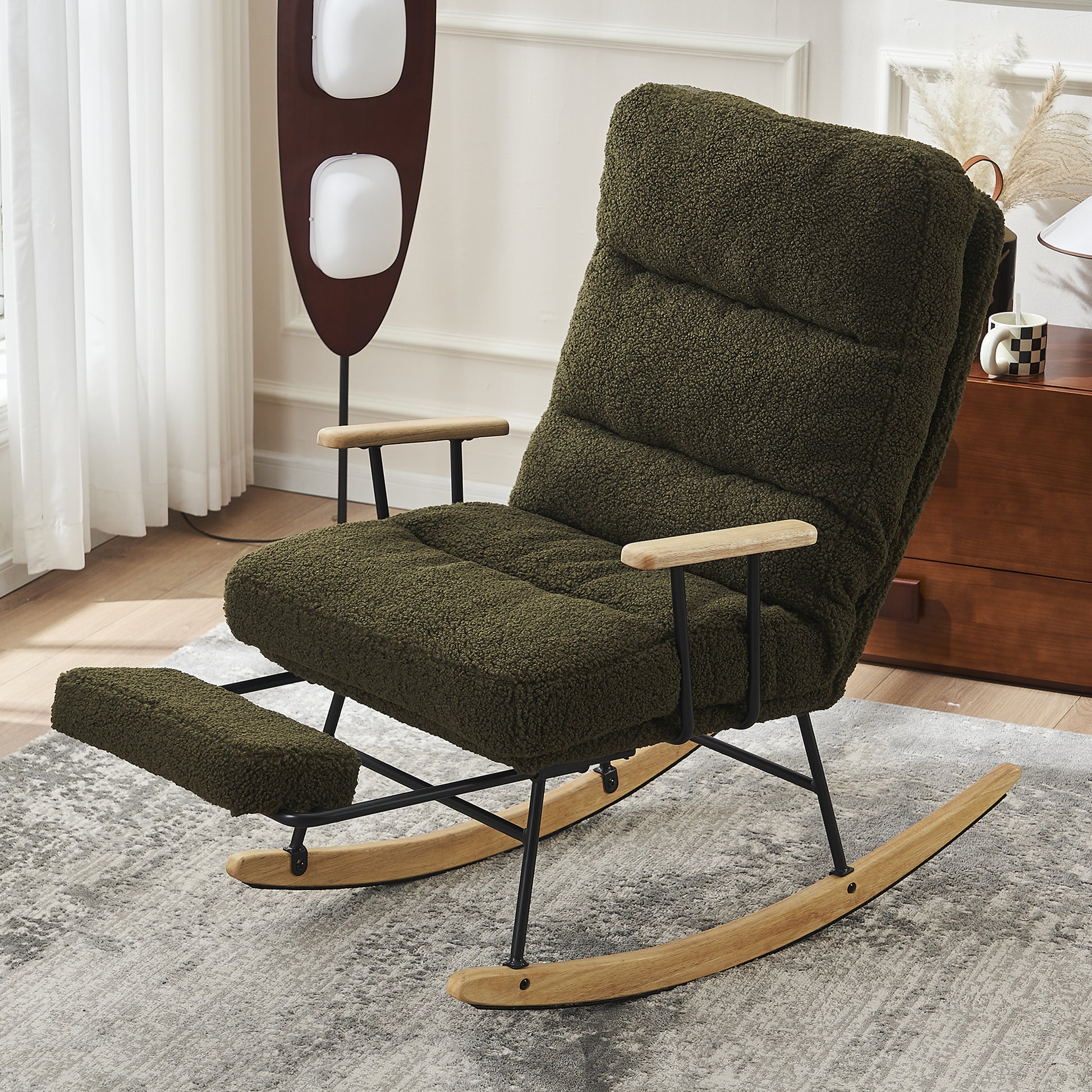 Modern Teddy Gliding Rocking Chair With High Back, Retractable Footrest, And Adjustable Back Angle For Nursery, Living Room, And Bedroom, Green Green Fabric