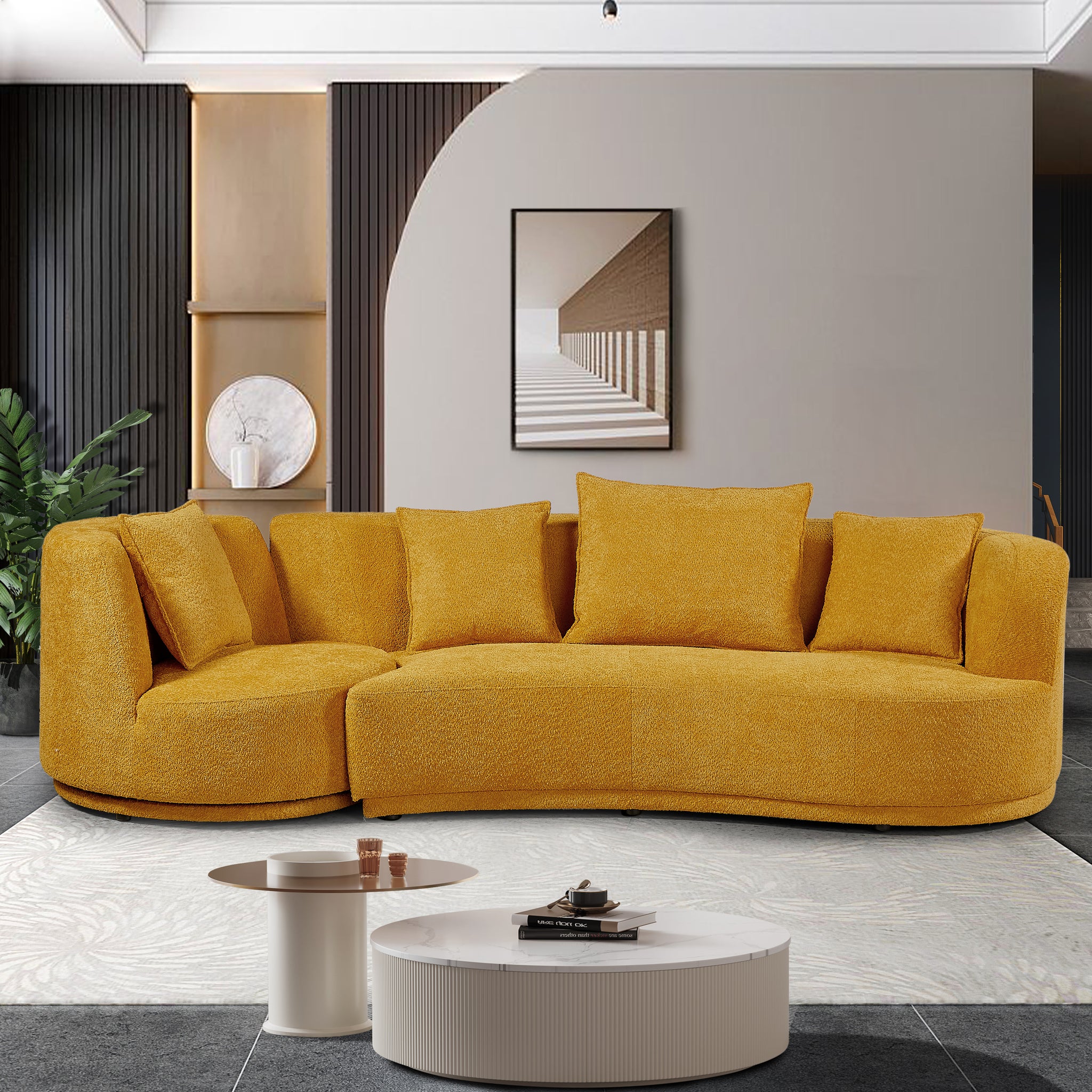 Liyasi Living Room Sofa Set With Luxury Teddy Fleece2 Seaterarmchair Swivel 360 Degree Yellow Polyester Wood Primary Living Space Eucalyptus Foam Fabric 3 Seat