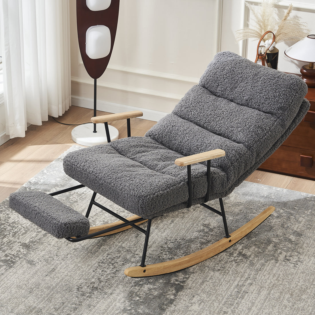 Modern Teddy Gliding Rocking Chair With High Back, Retractable Footrest, And Adjustable Back Angle For Nursery, Living Room, And Bedroom, Gray Gray Fabric